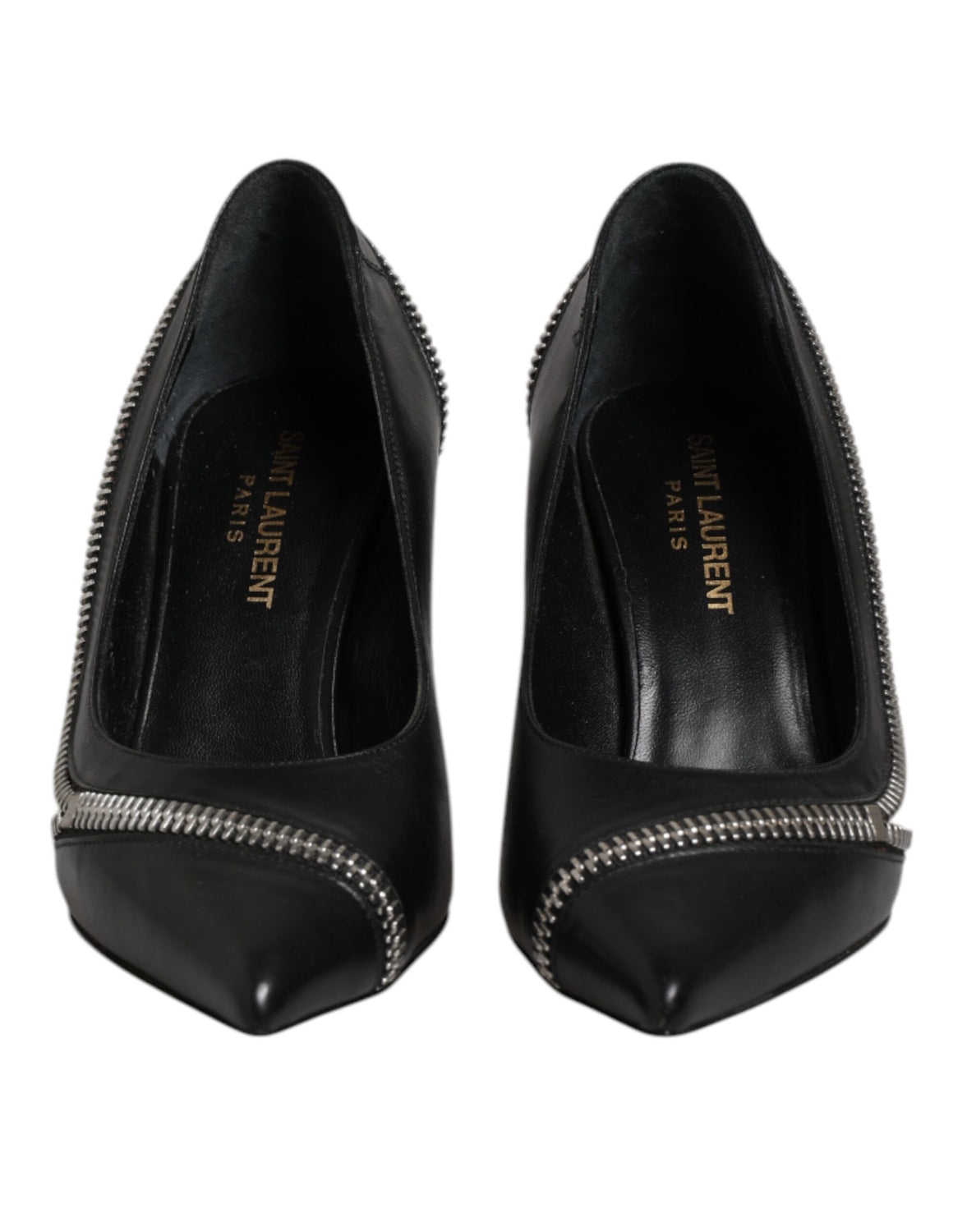 White Black Leather Pointed Toe Heels Shoes