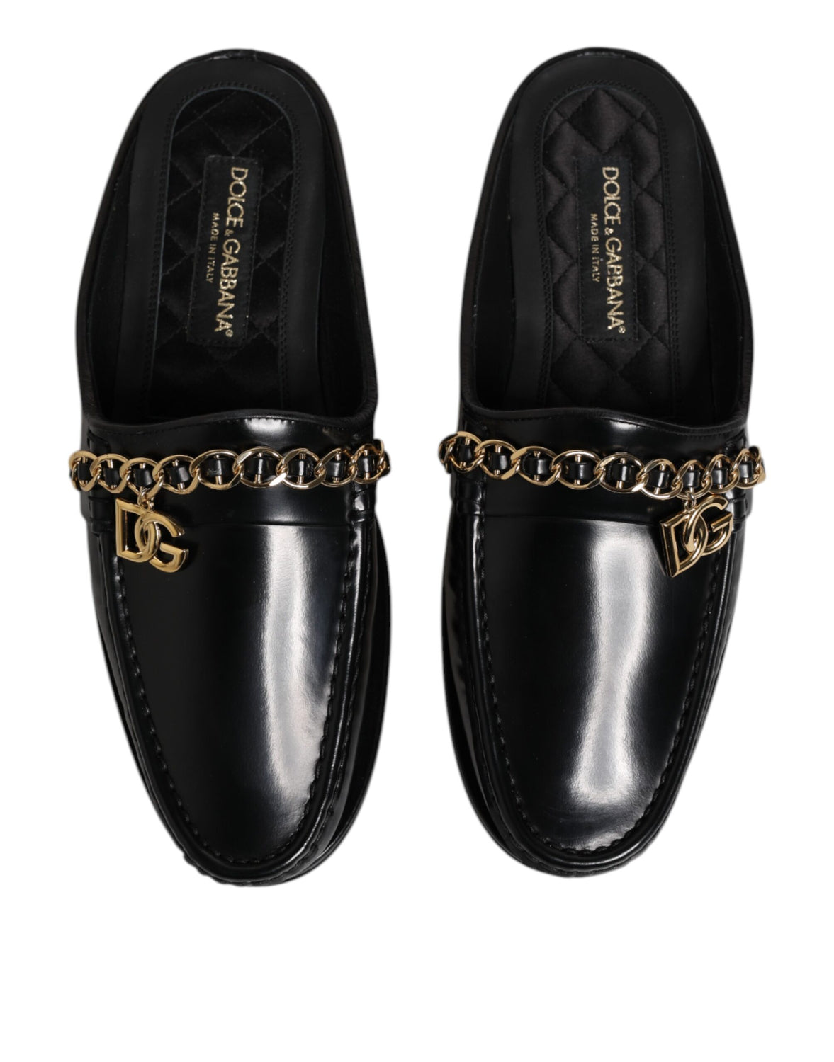Black Leather DG Chain Embellished Sandals Shoes