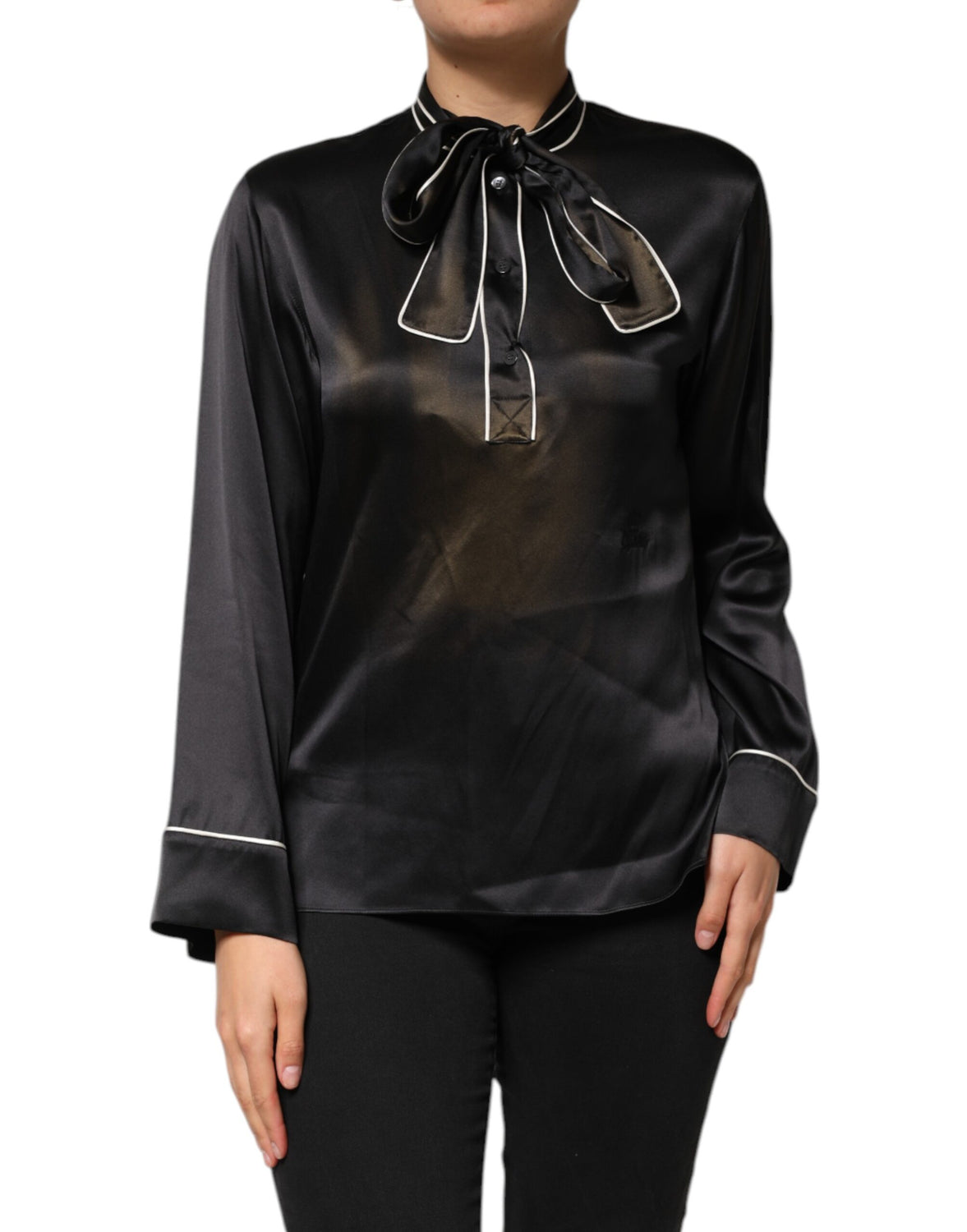 Black Silk Ascot Collared Button Blouse Top