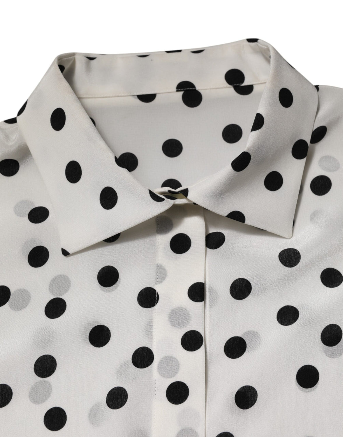 White Black Dotted Silk Long Sleeves Top