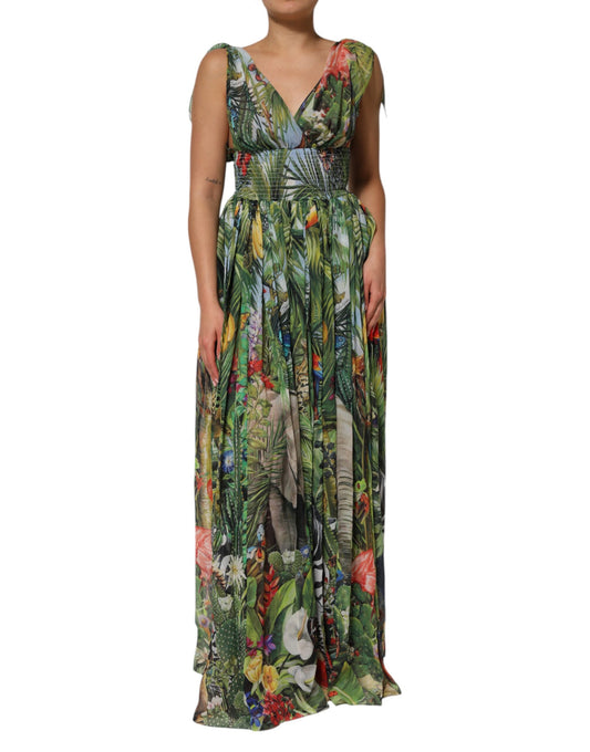 Green Tropical JunglePrint A-line Maxi Dress
