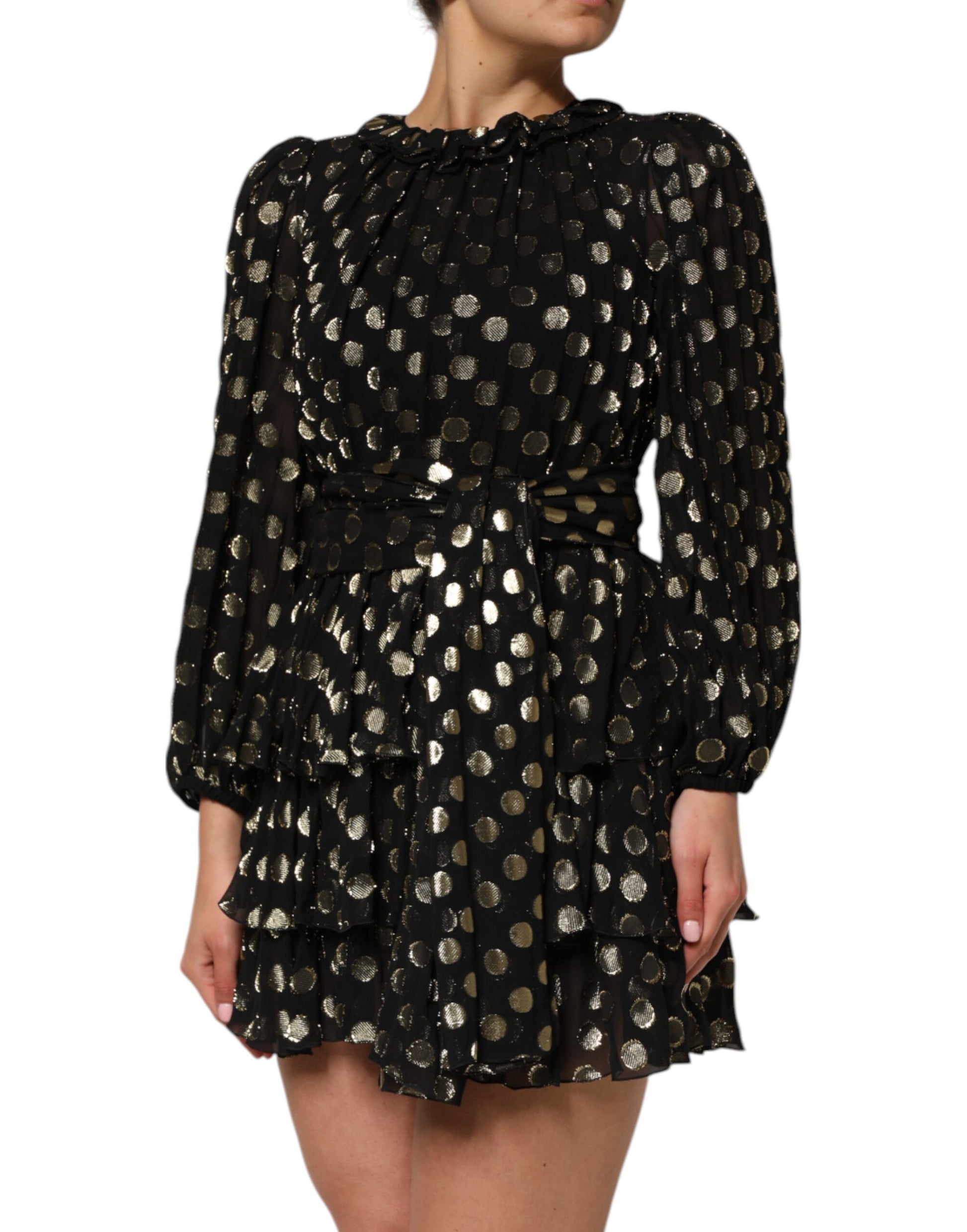 Black Gold Polka Dot Silk Brocade Mini Dress