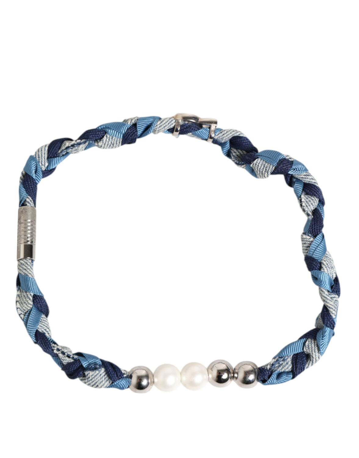 Blue White Braided Silver Metal Logo Beaded Men Bracelet
