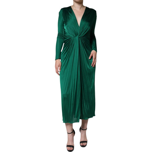 Dark Green Viscose Long Sleeve Midi Dress