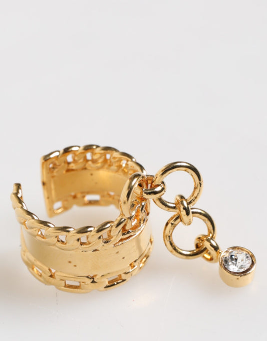 Gold Tone Brass Logo Chain Clear Crystals Adjustable Ring