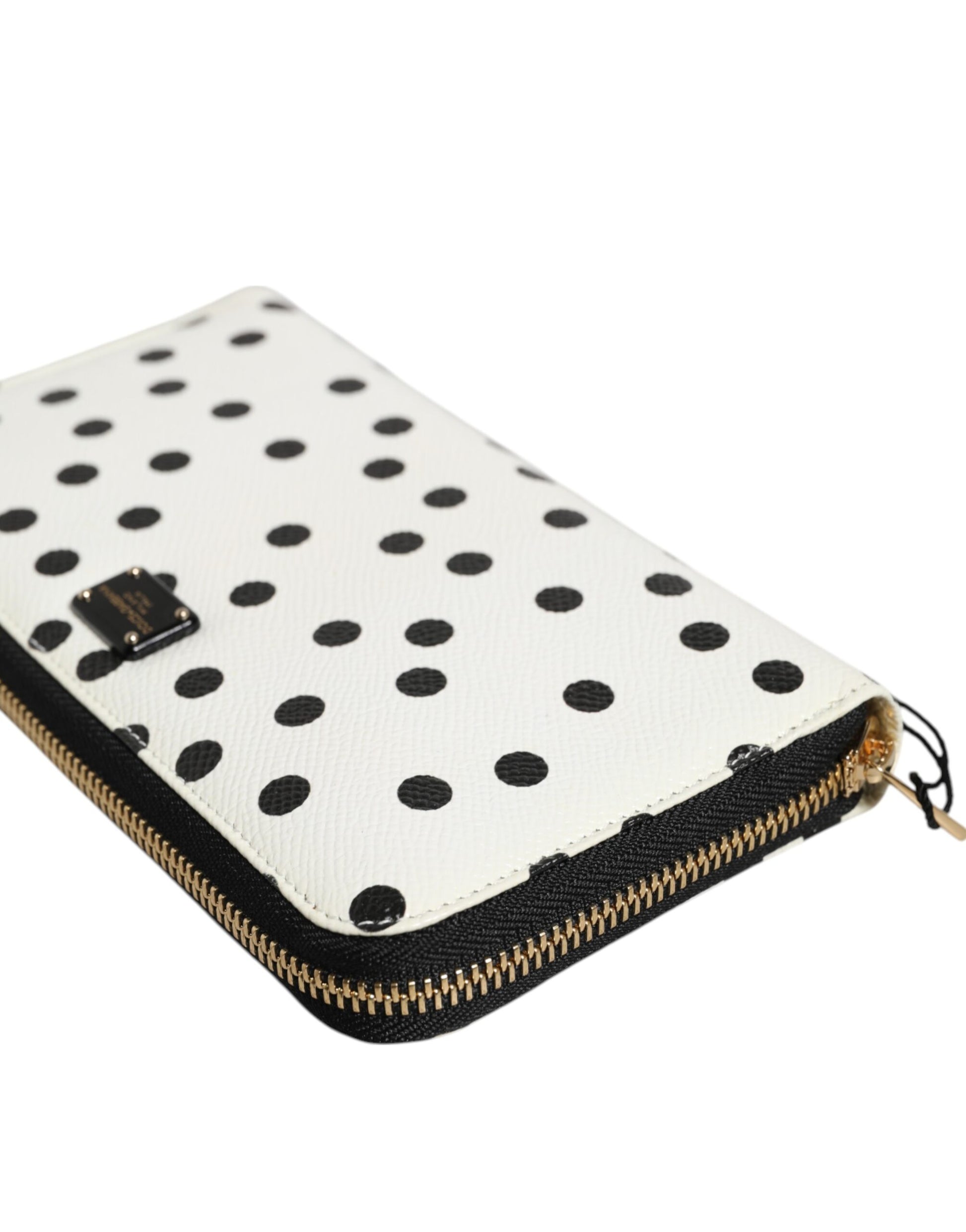 White Black Dotted Leather Zip Around Continental Wallet