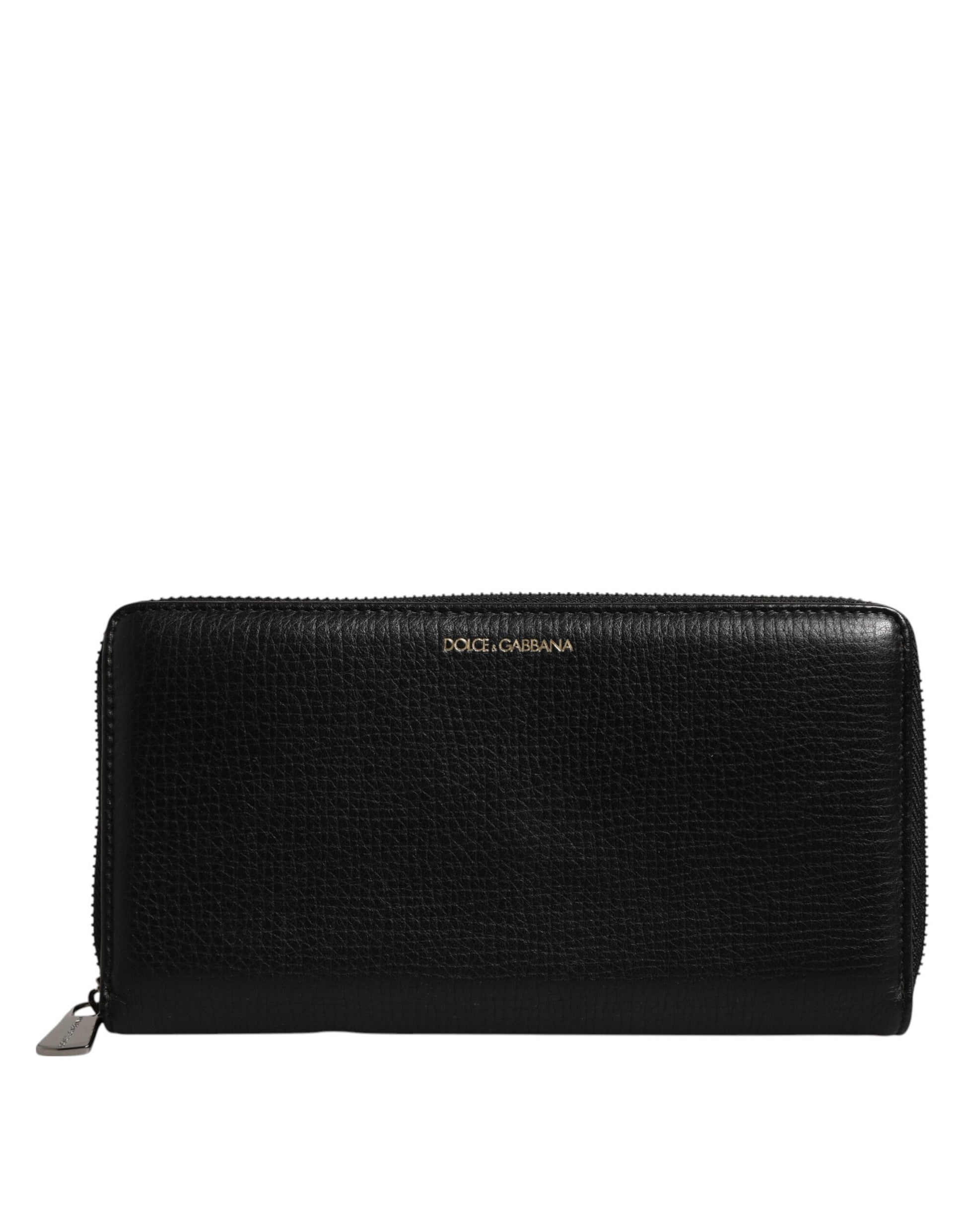 Black Calfskin Leather Logo Zip Around Continental Wallet
