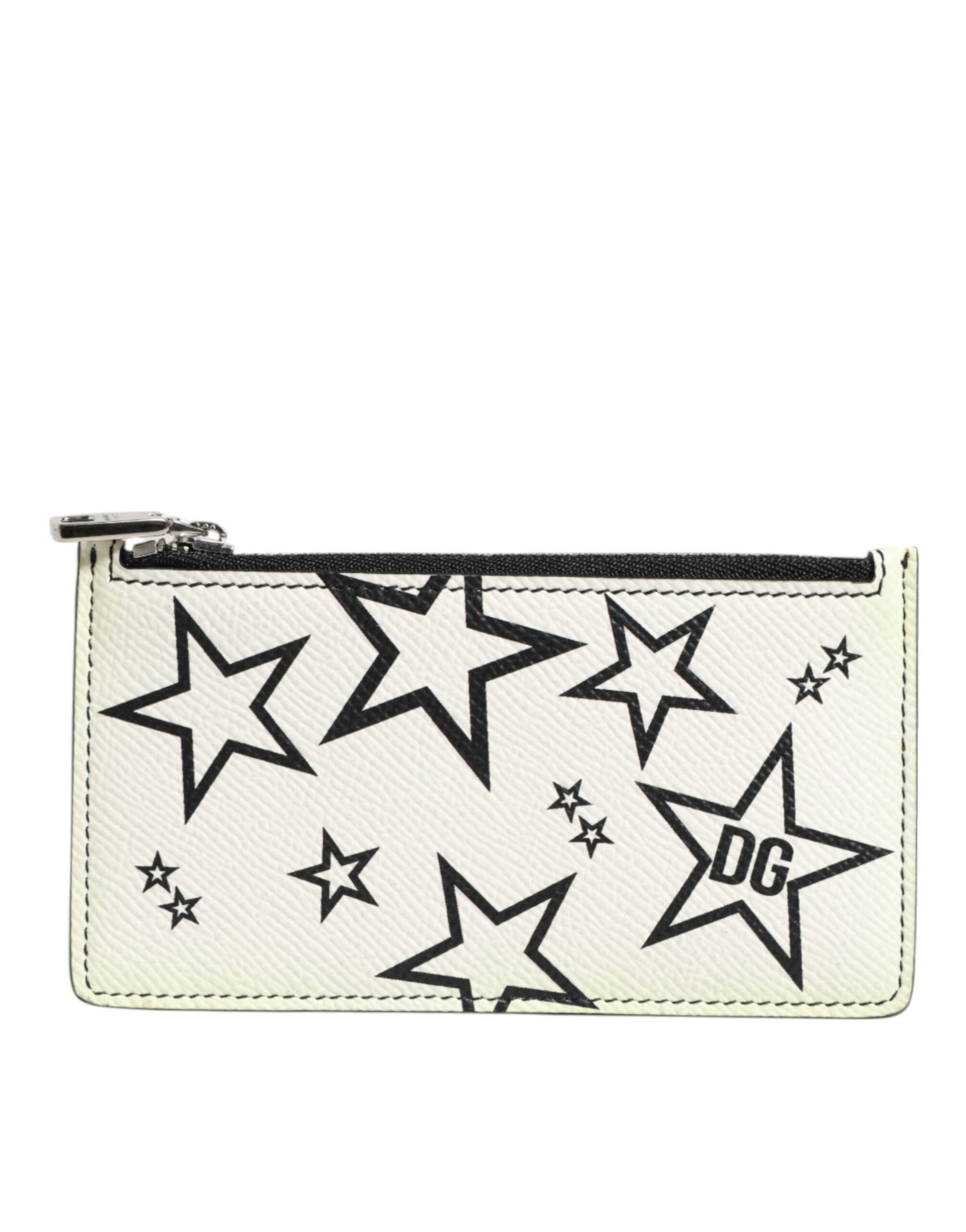 White Leather Douphin DG Logo Star Print Card Holder Wallet