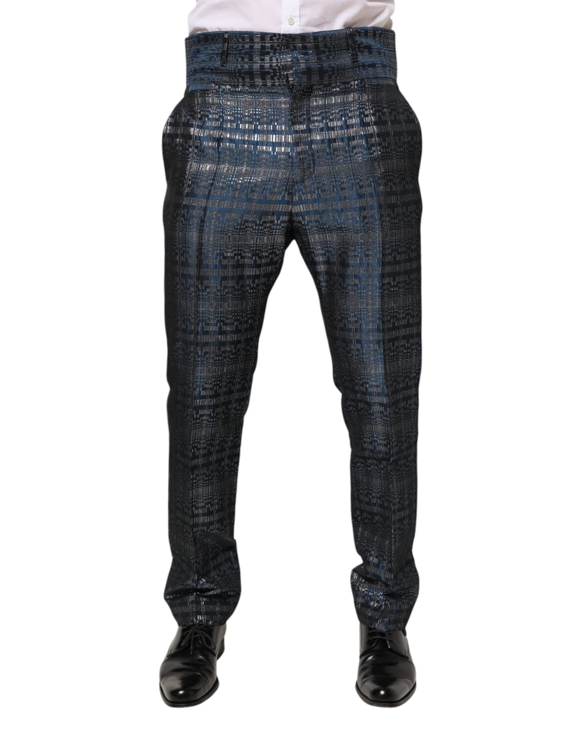 Blue Silver Shiny Silk Skinny Men Trouser Pants
