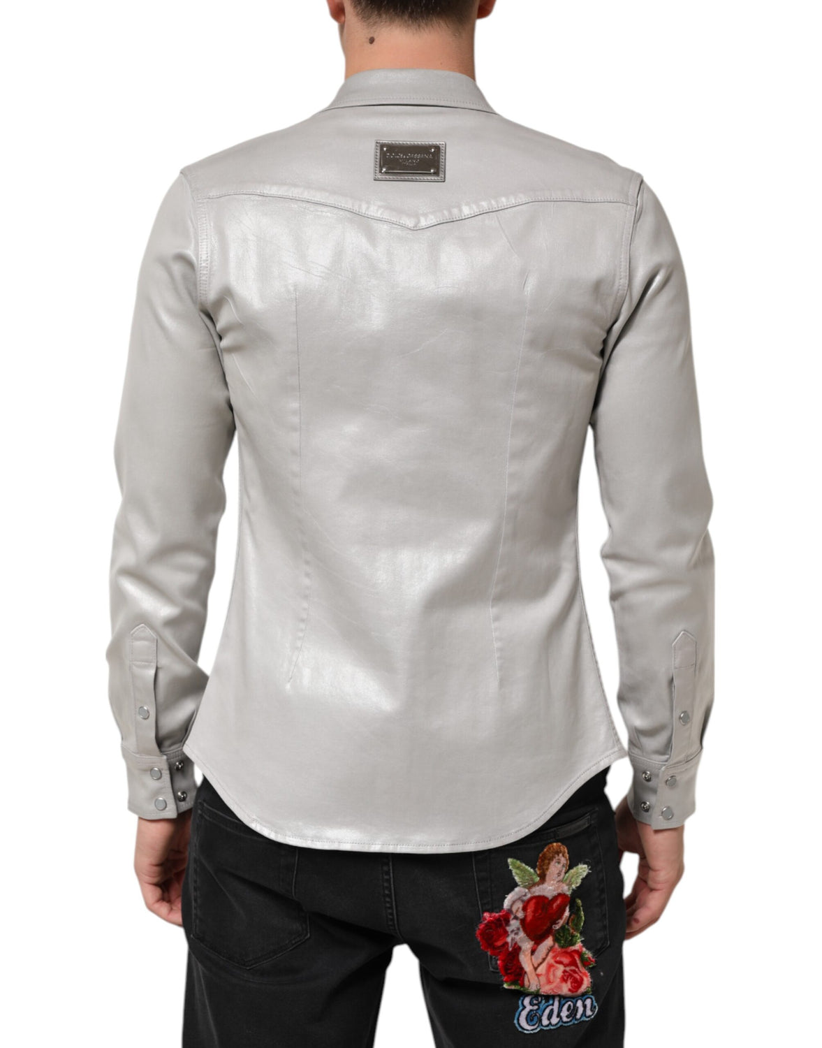 Metallic Gray Cotton Button Down Men Shirt