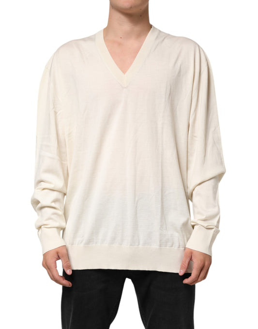Ivory Virgin Wool Men V-Neck Knit Sweater