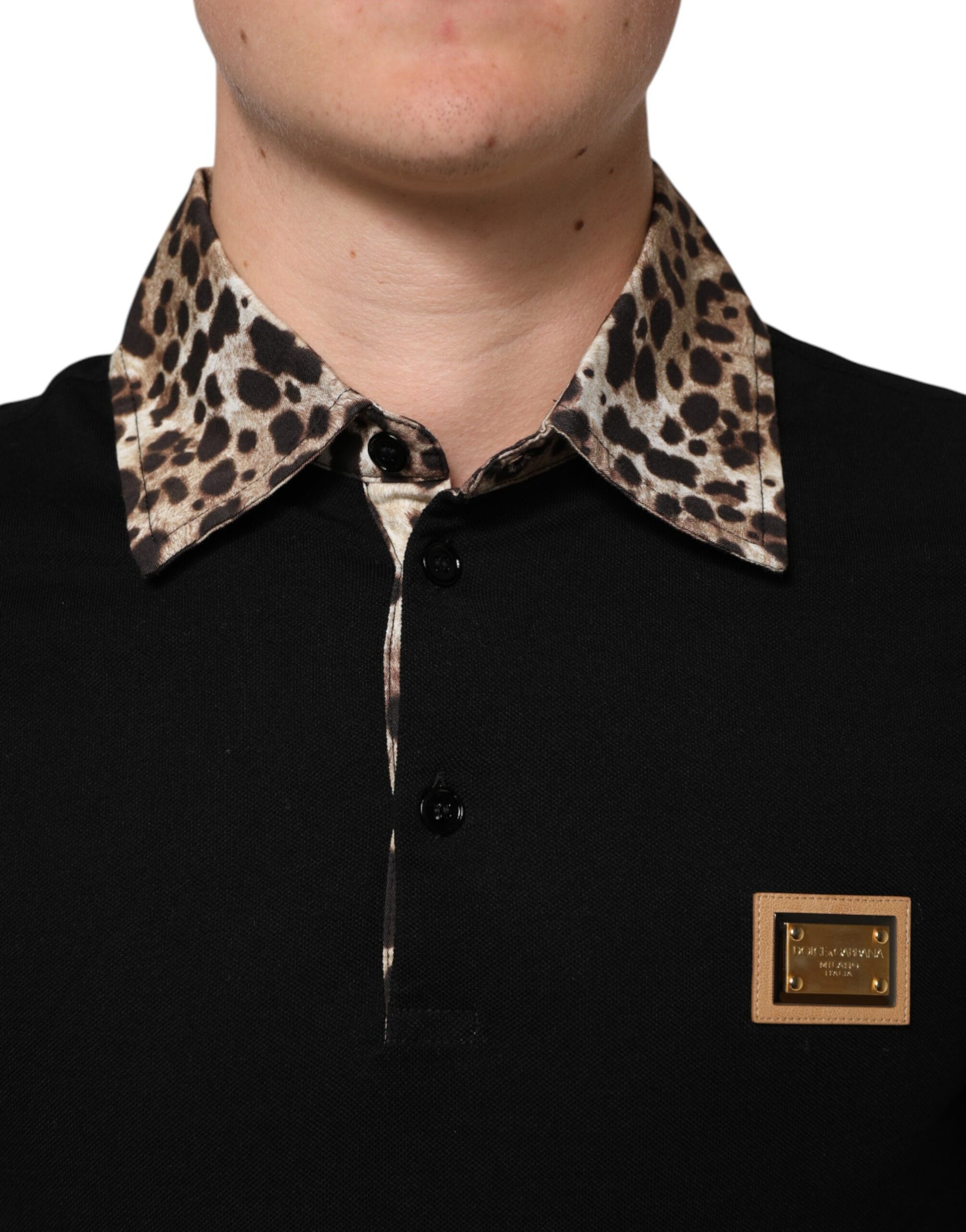 Black Cotton Leopard Collar Polo T-shirt