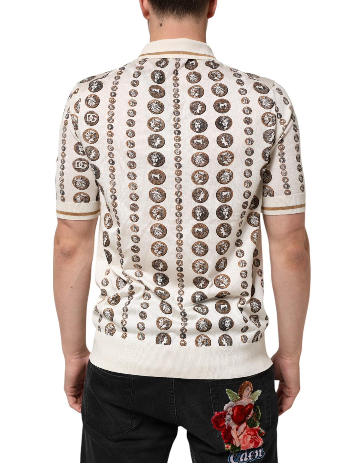 Silk Ivory Coin Print Logo Men Polo T-shirt