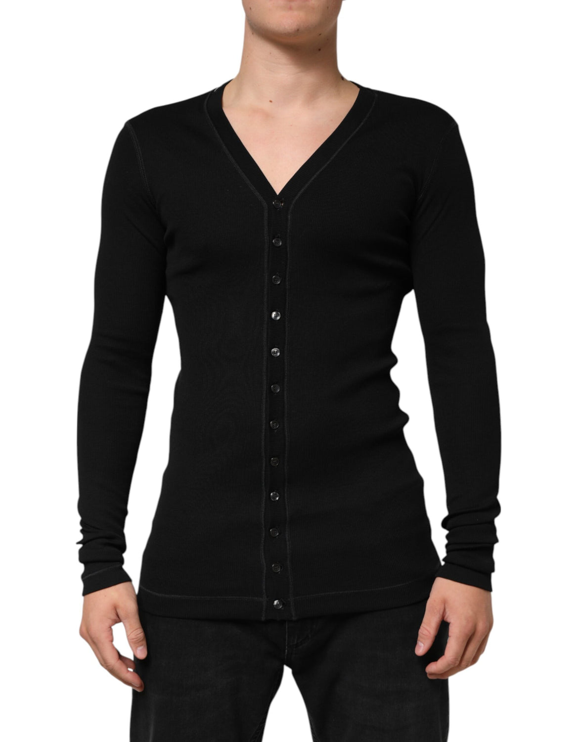 Black Cotton Button Up Men Cardigan Sweater