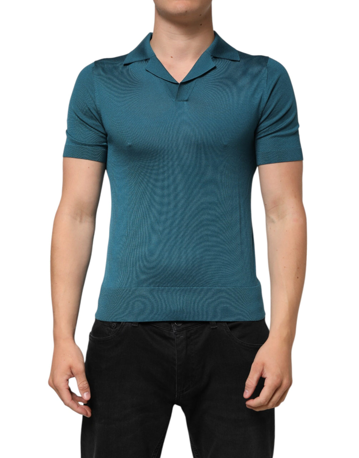 Teal Blue Silk Collar Short Sleeve Polo T-shirt