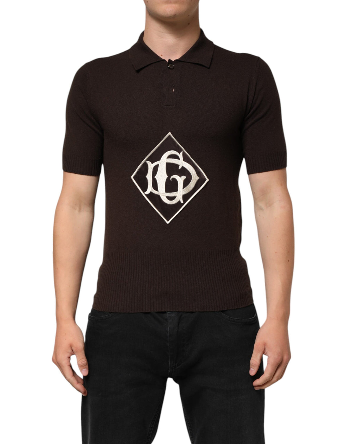 Brown Wool Logo Embroidered Men Polo T-shirt