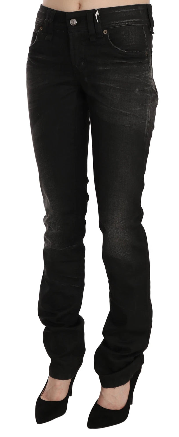 Black Washed Mid Waist Regular Leg Skinny Denim Jeans