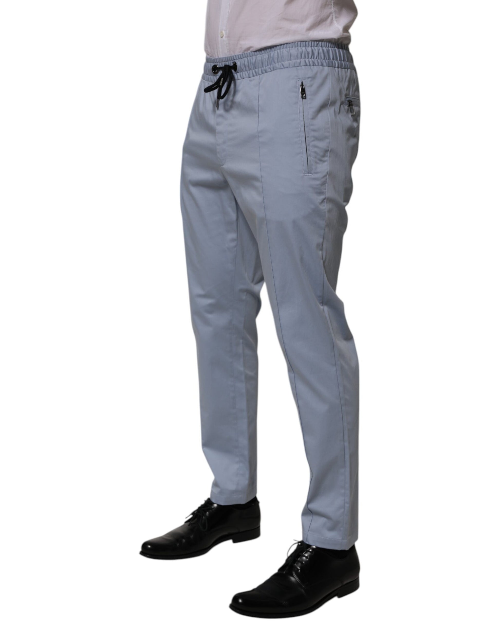 Light Blue Cotton Drawstring Elastic Waist Men Pants