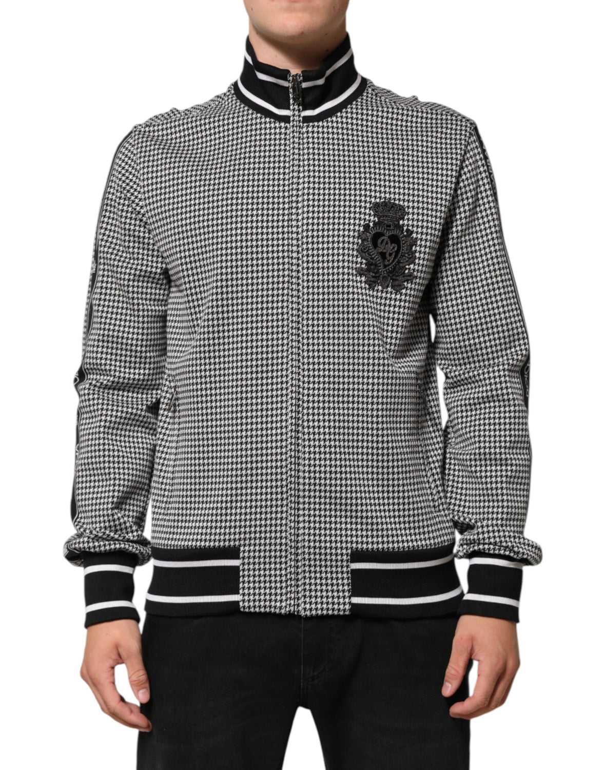 Black White Houndstooth Wool Crest Jacket Sweater