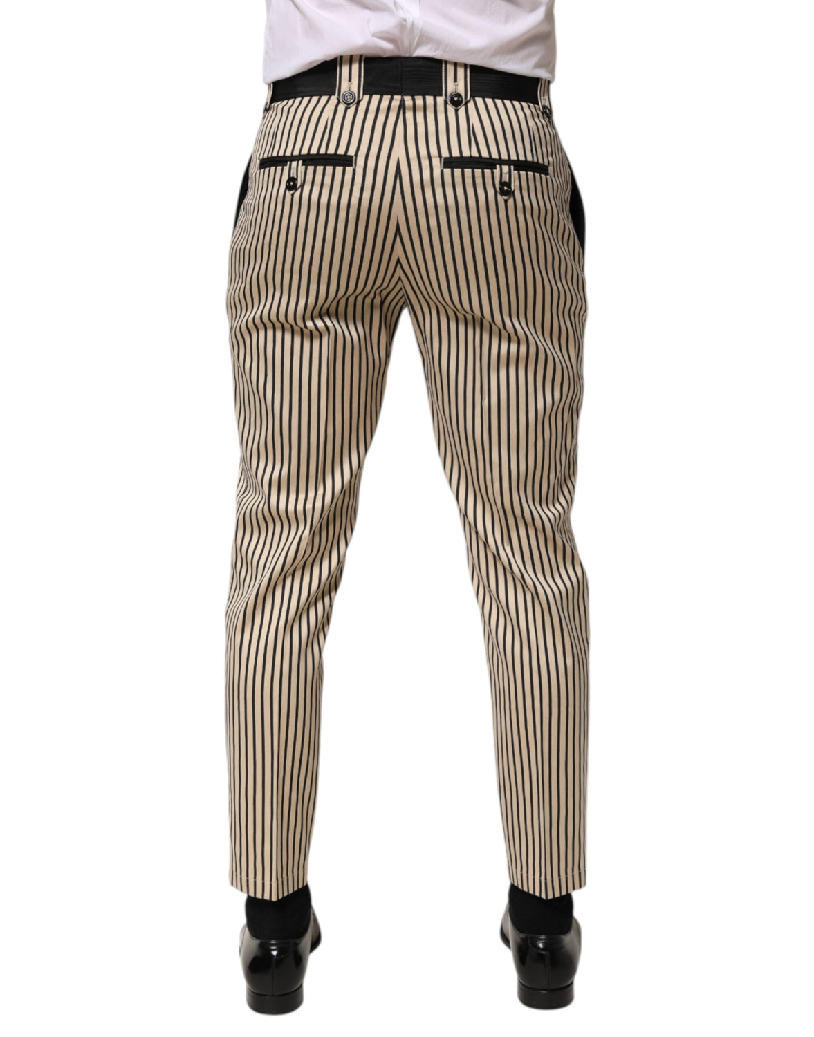 Beige Black Striped Cotton Slim Fit Trousers Pants