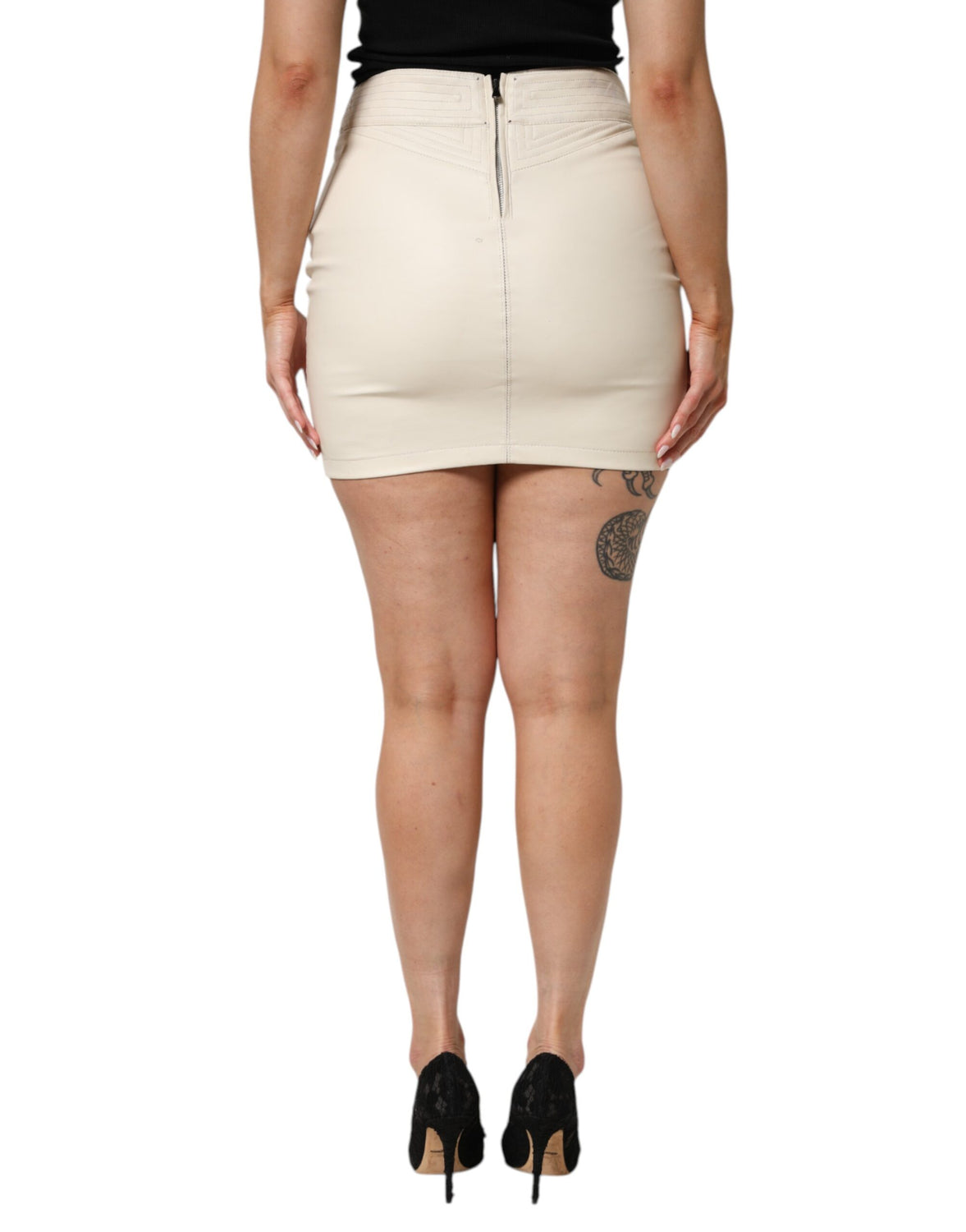 Beige Faux Leather Quilted Mini High Waist Women  Skirt