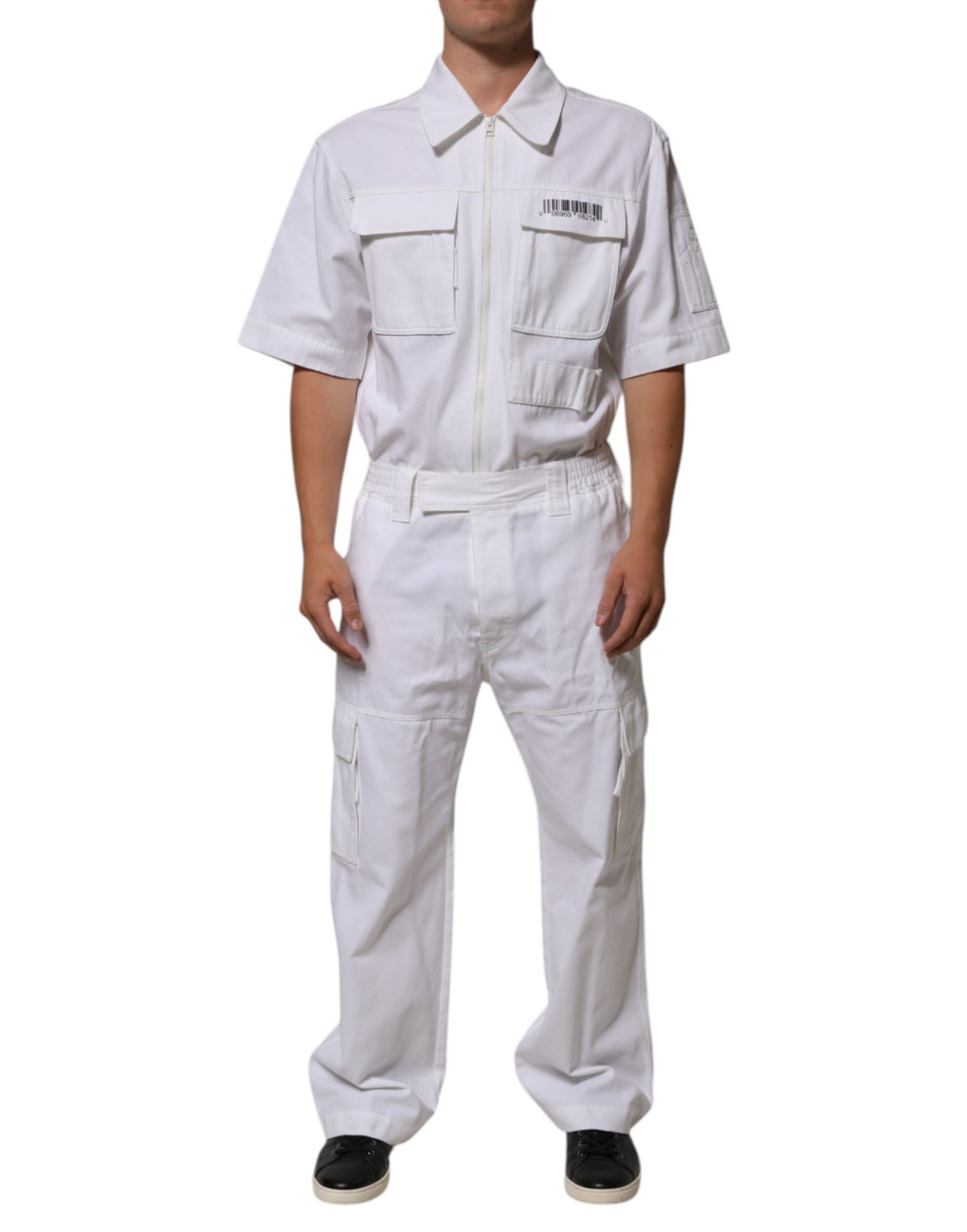 White Barcode Patch Utility Zip Jumpsuit Pants