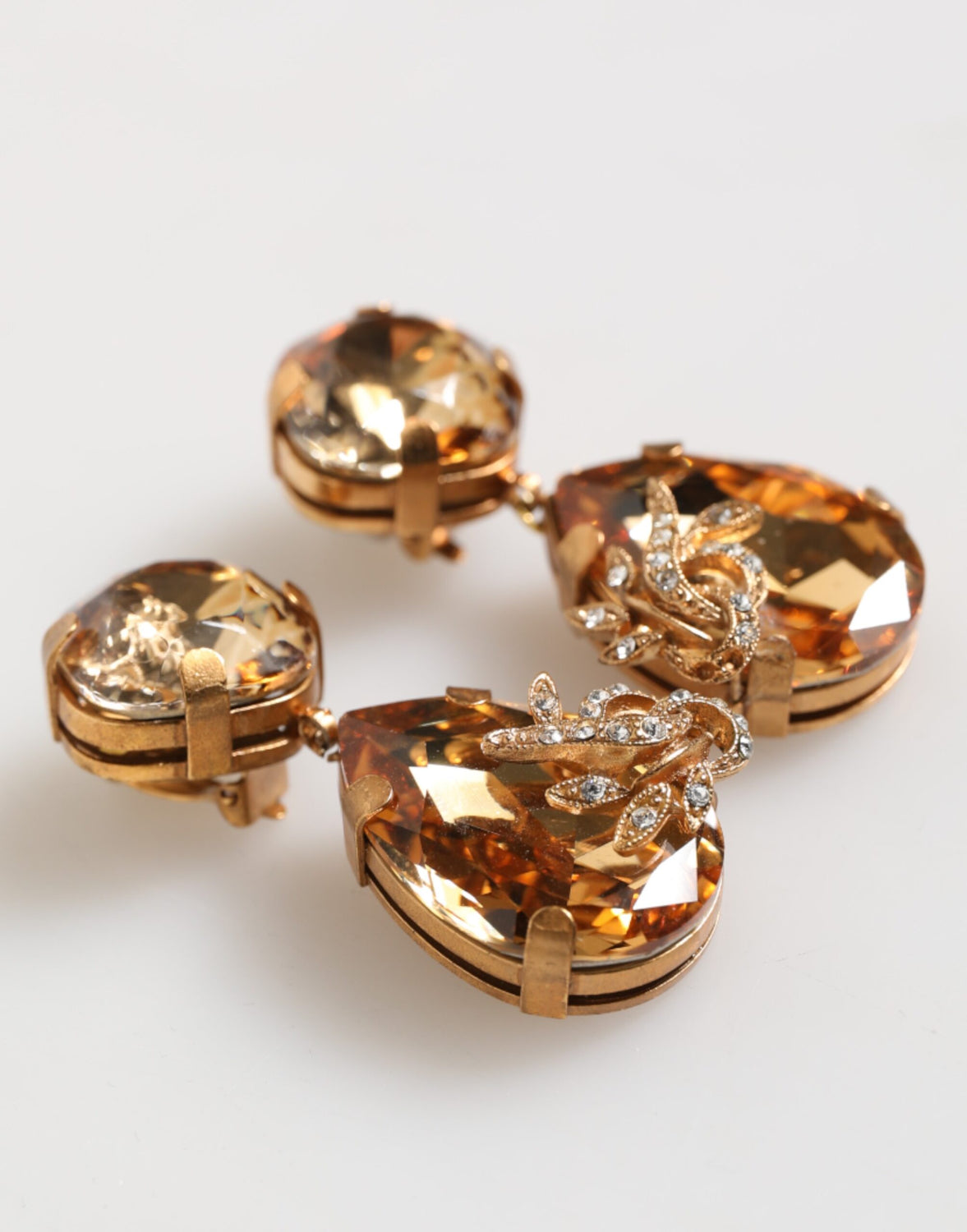Gold Crystal Drop Clip-On Strass Floral Jewelry Earrings