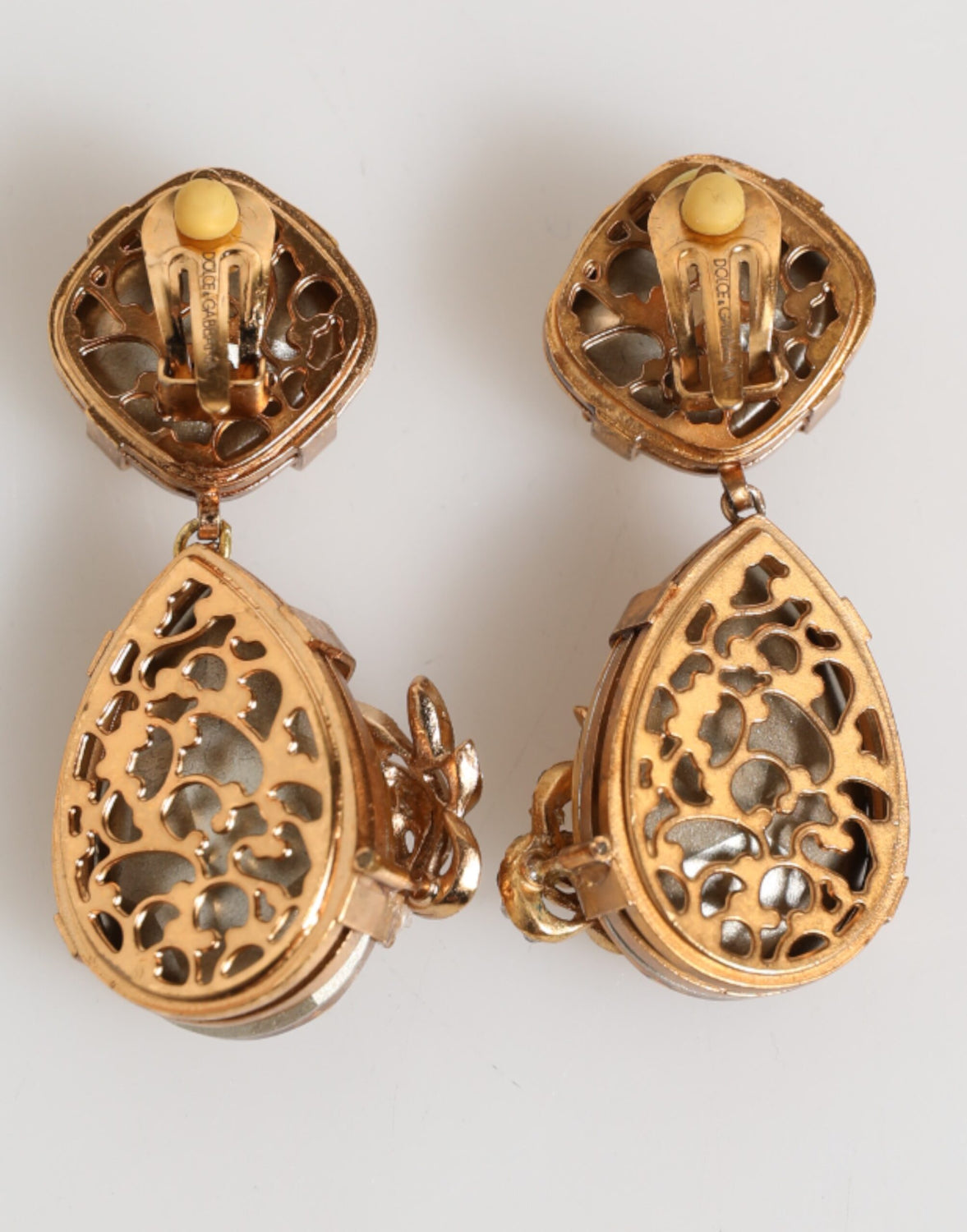 Gold Crystal Drop Clip-On Strass Floral Jewelry Earrings