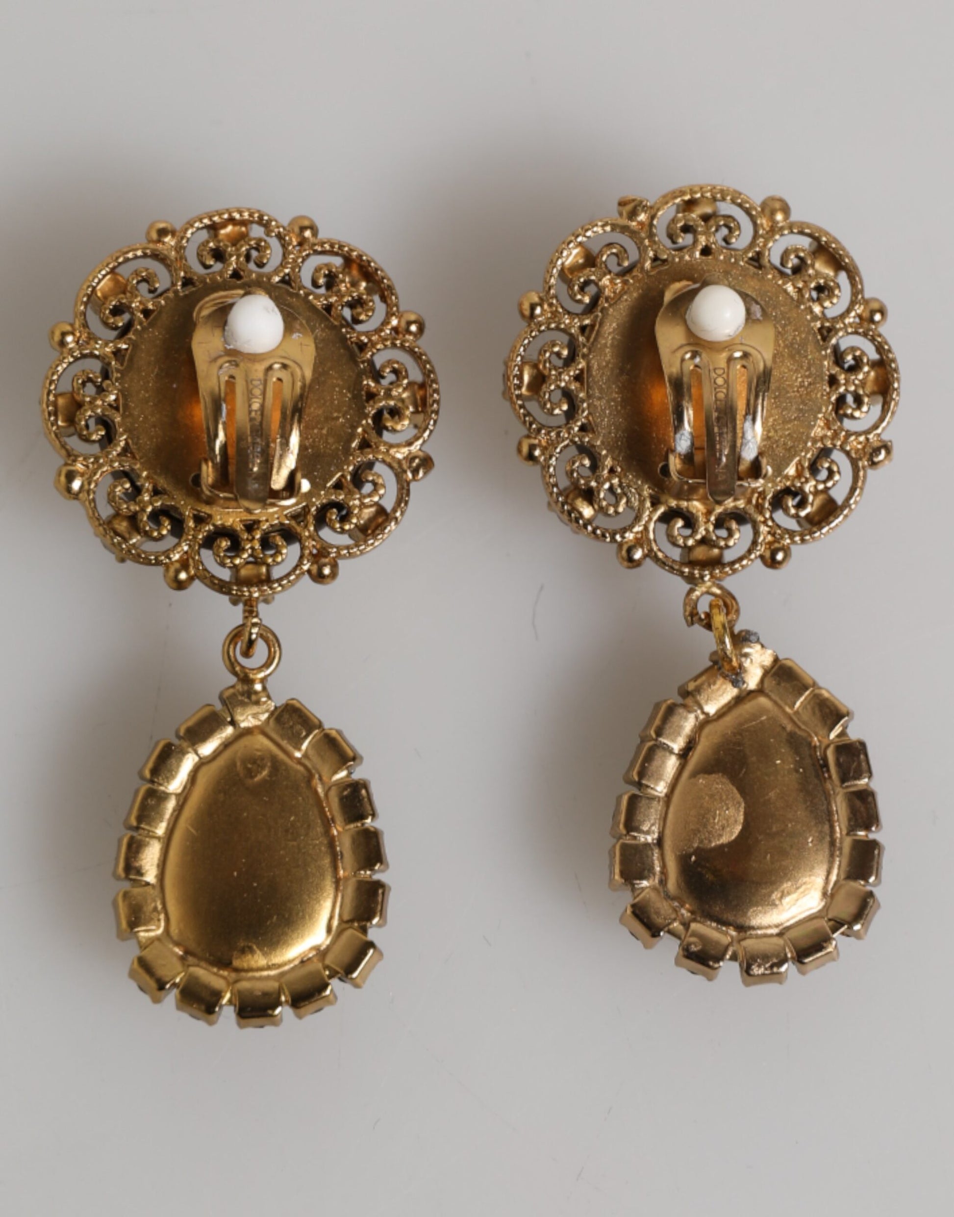 Gold Brass Crown Medallion Black Crystal Drop Clip On Earrings