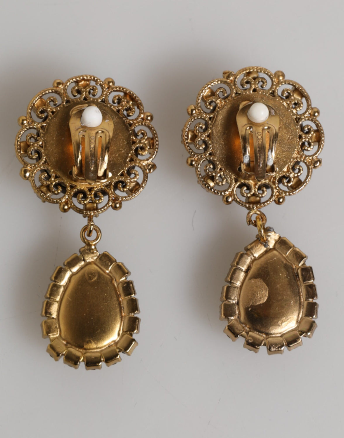 Gold Brass Crown Medallion Black Crystal Drop Clip On Earrings