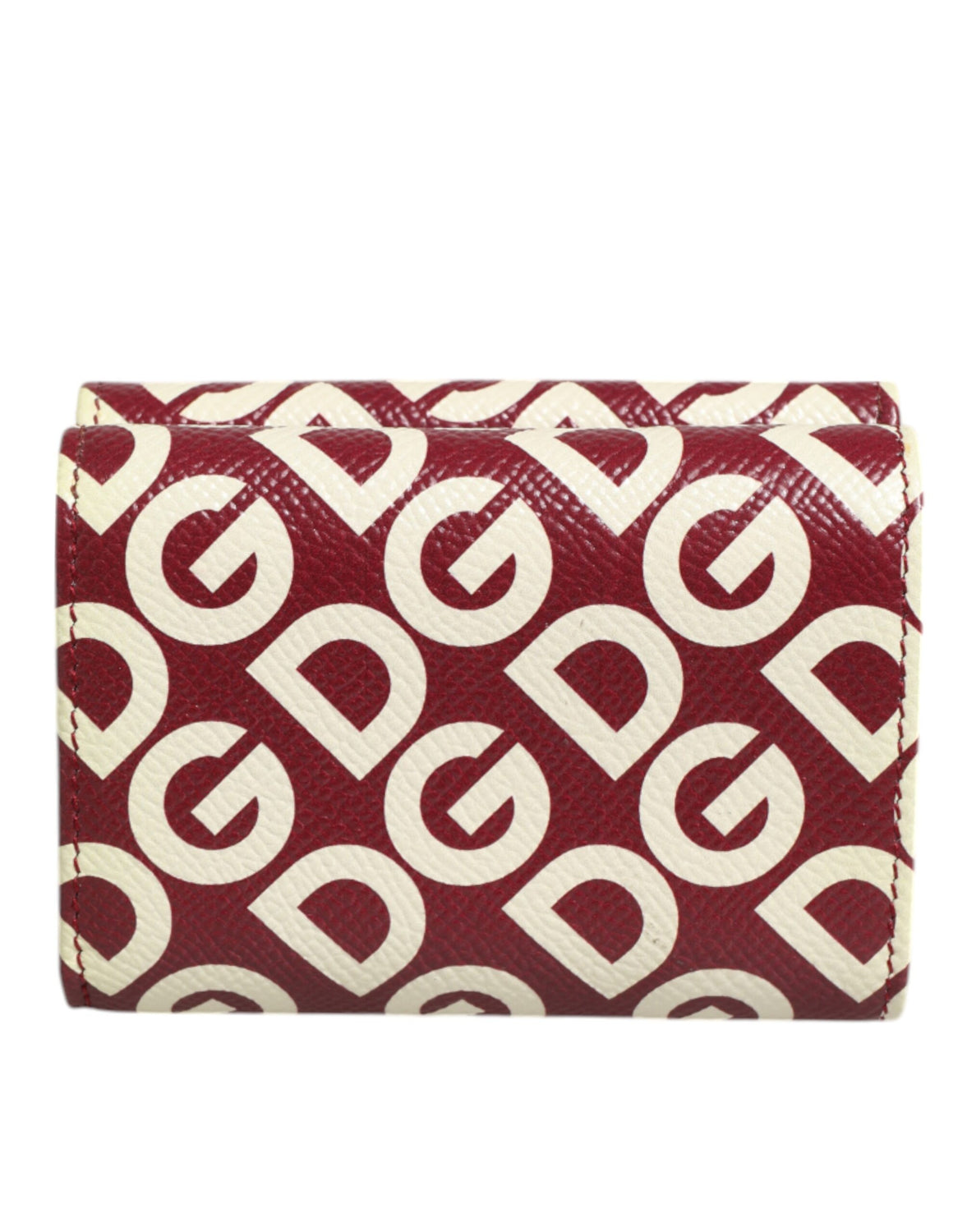 Burgundy Logo Print Calf Leather French Flap Card Holder Wallet