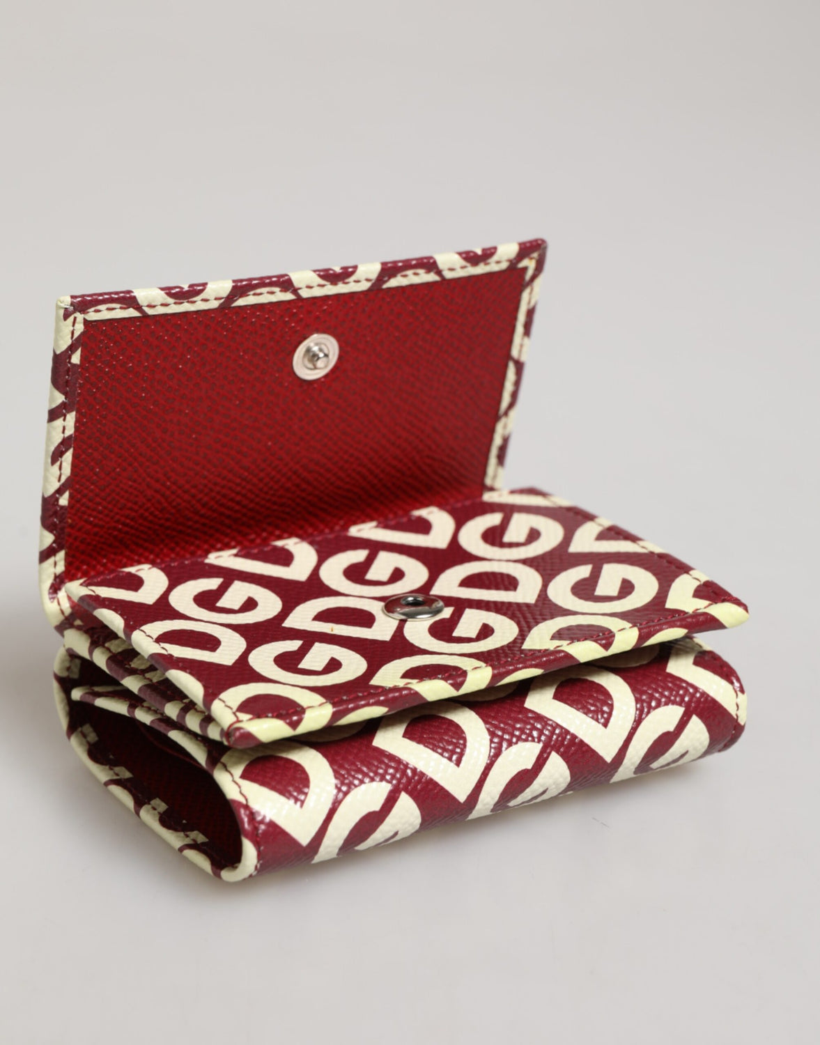 Burgundy Logo Print Calf Leather French Flap Card Holder Wallet