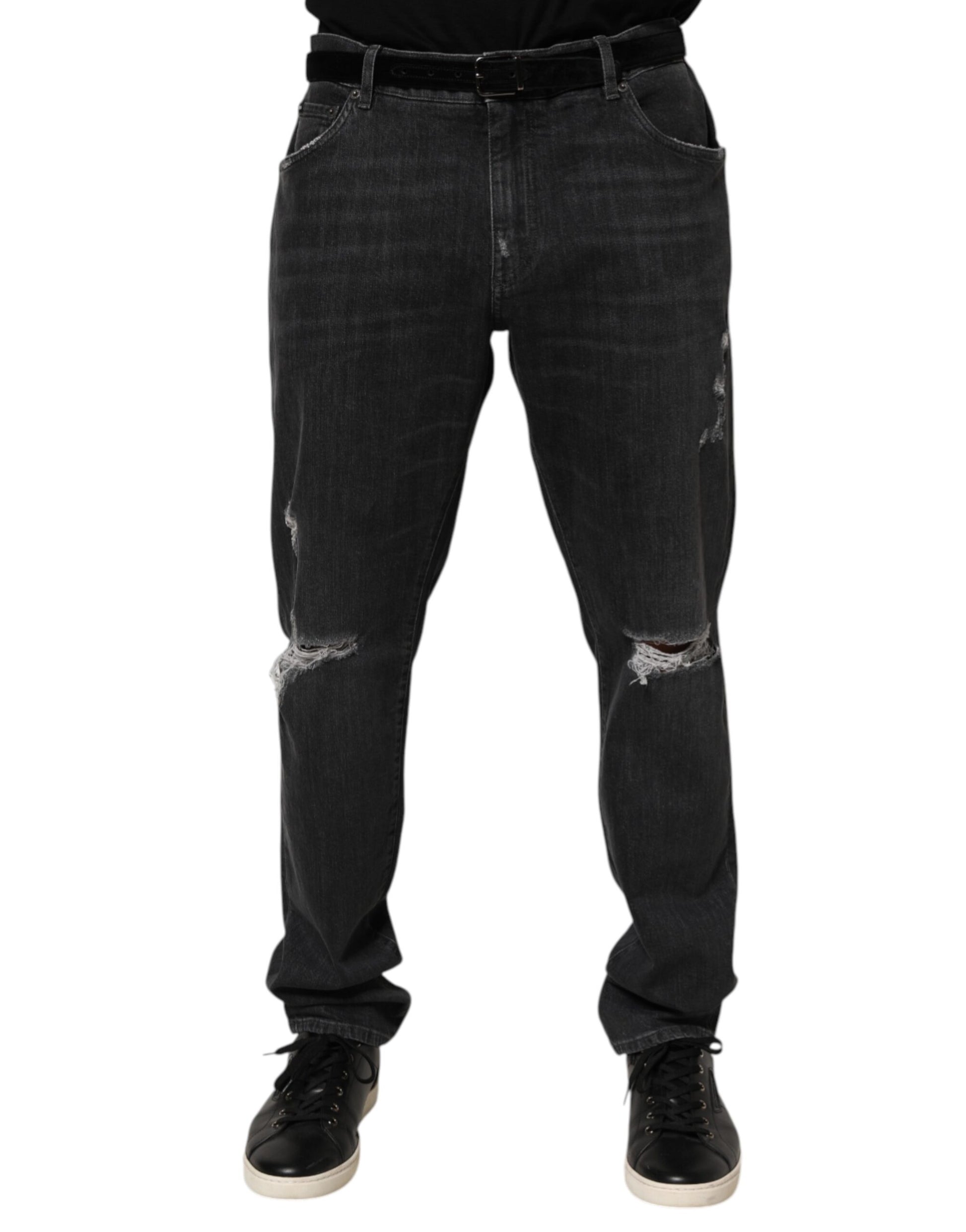 Black Cotton Slim Fit Distressed Ripped Logo Jeans