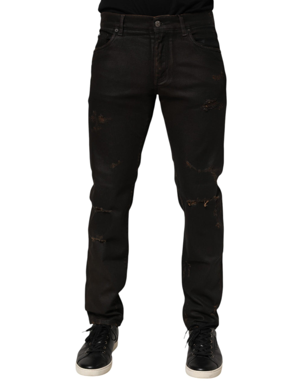 Dark Brown Tattered Cotton Skinny Denim Jeans