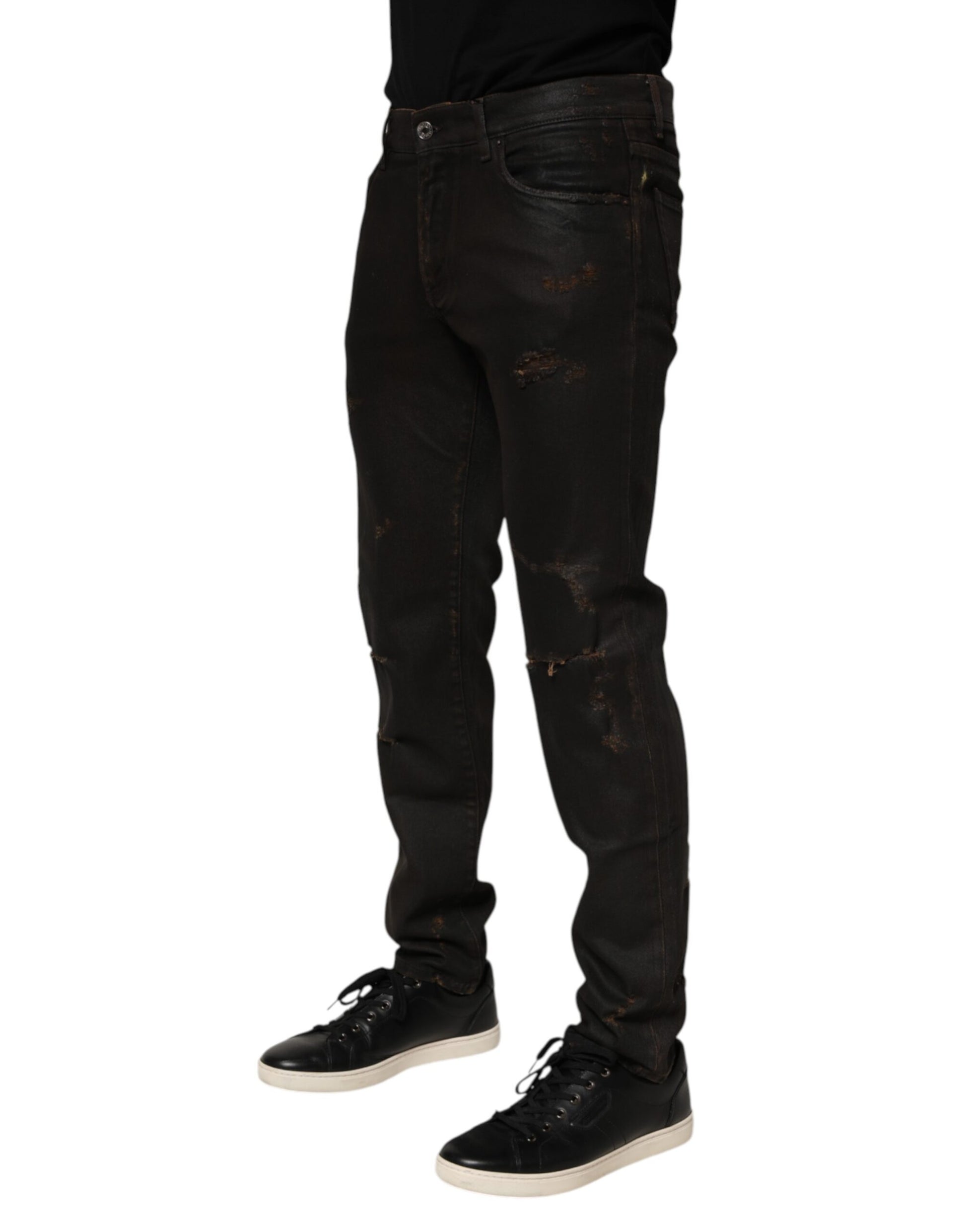 Dark Brown Tattered Cotton Skinny Denim Jeans