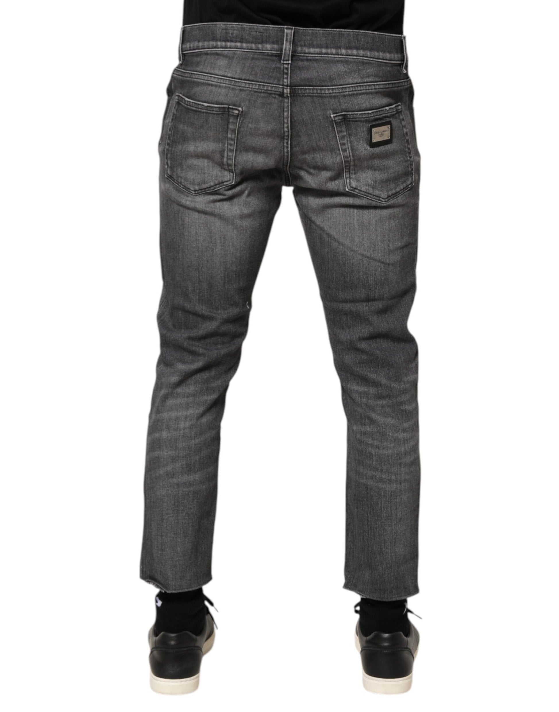 Grey Cotton Denim Slim Fit Distressed Pants Jeans