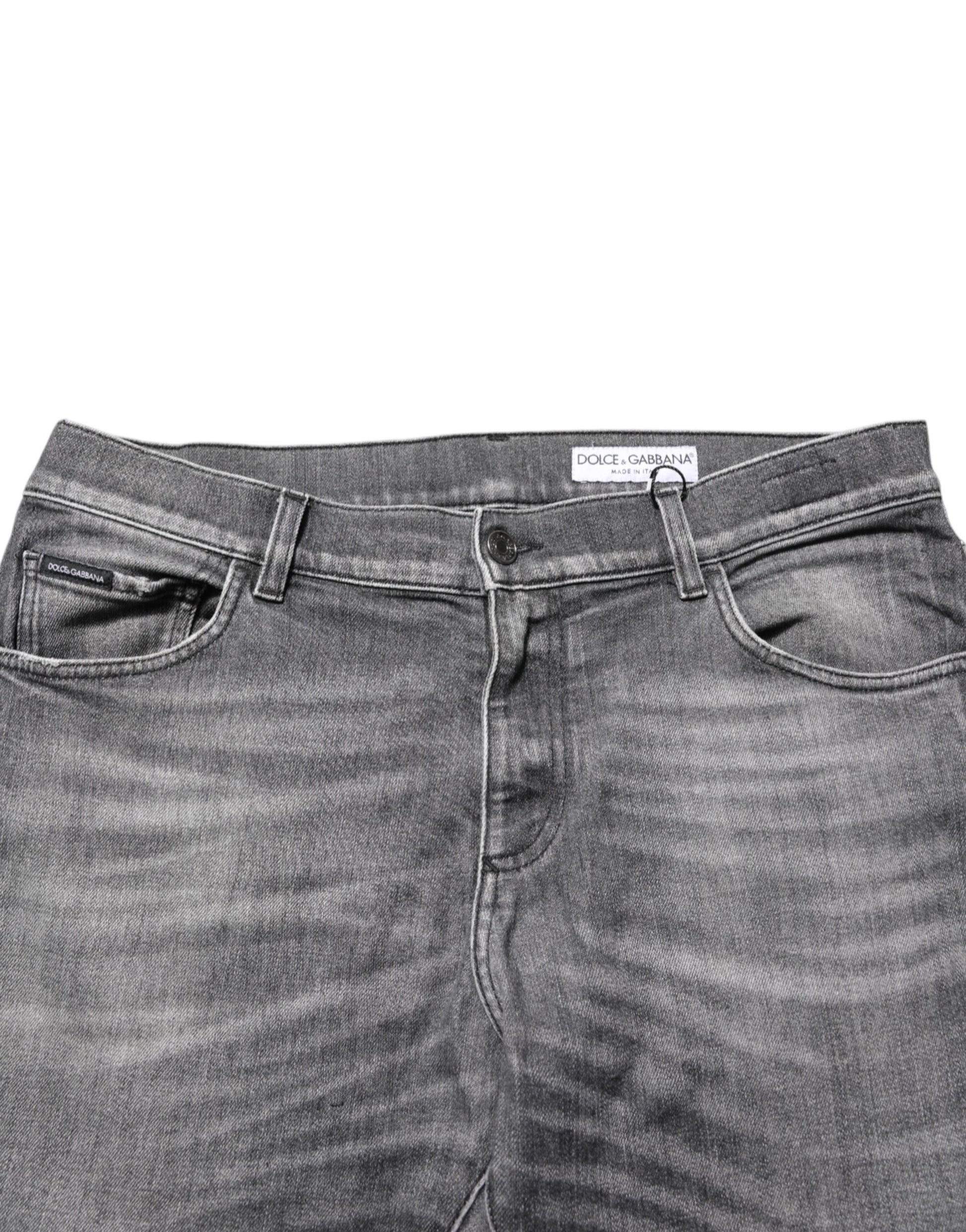 Grey Cotton Denim Slim Fit Distressed Pants Jeans