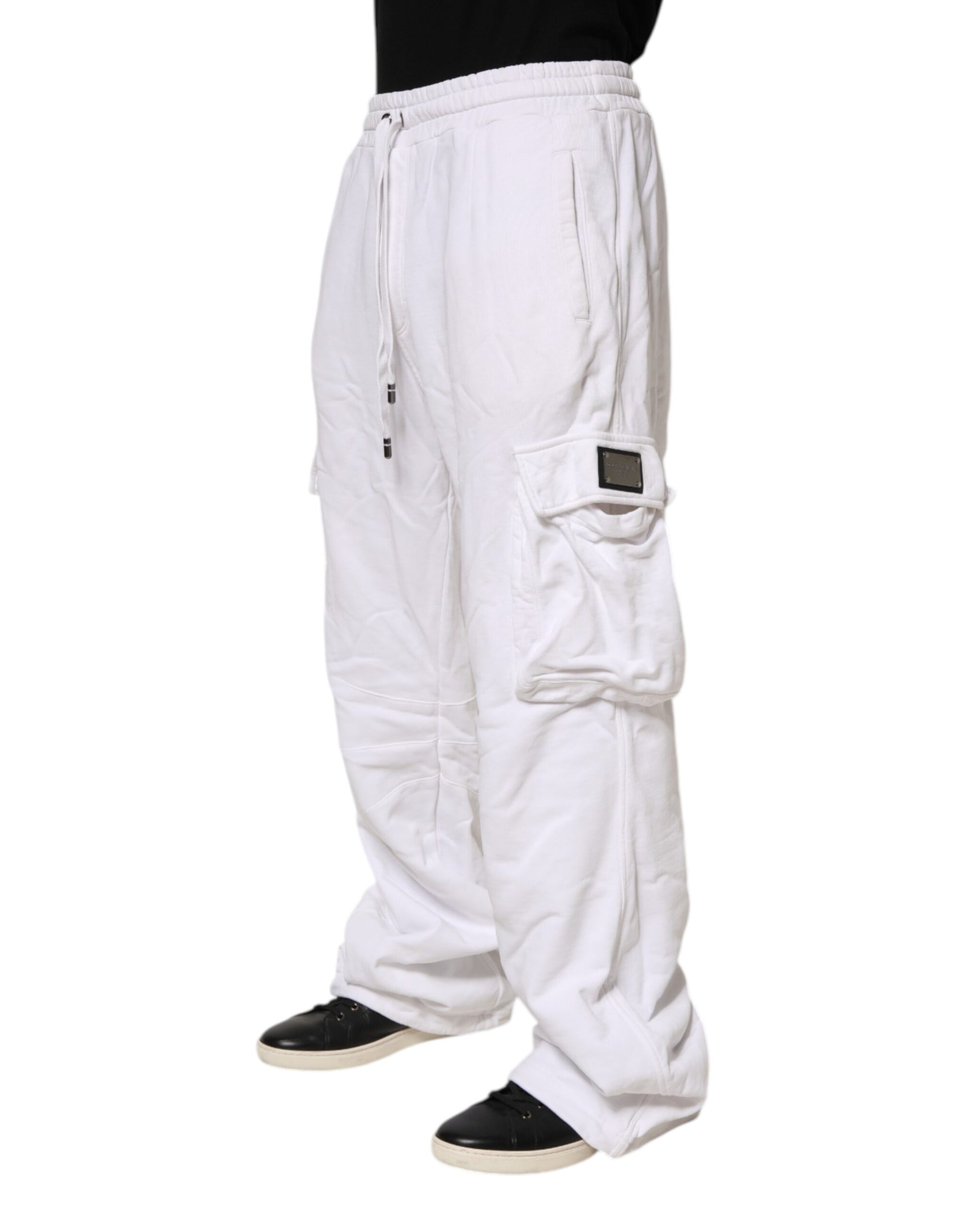 White Cotton Cargo Trousers Logo Patch Pants