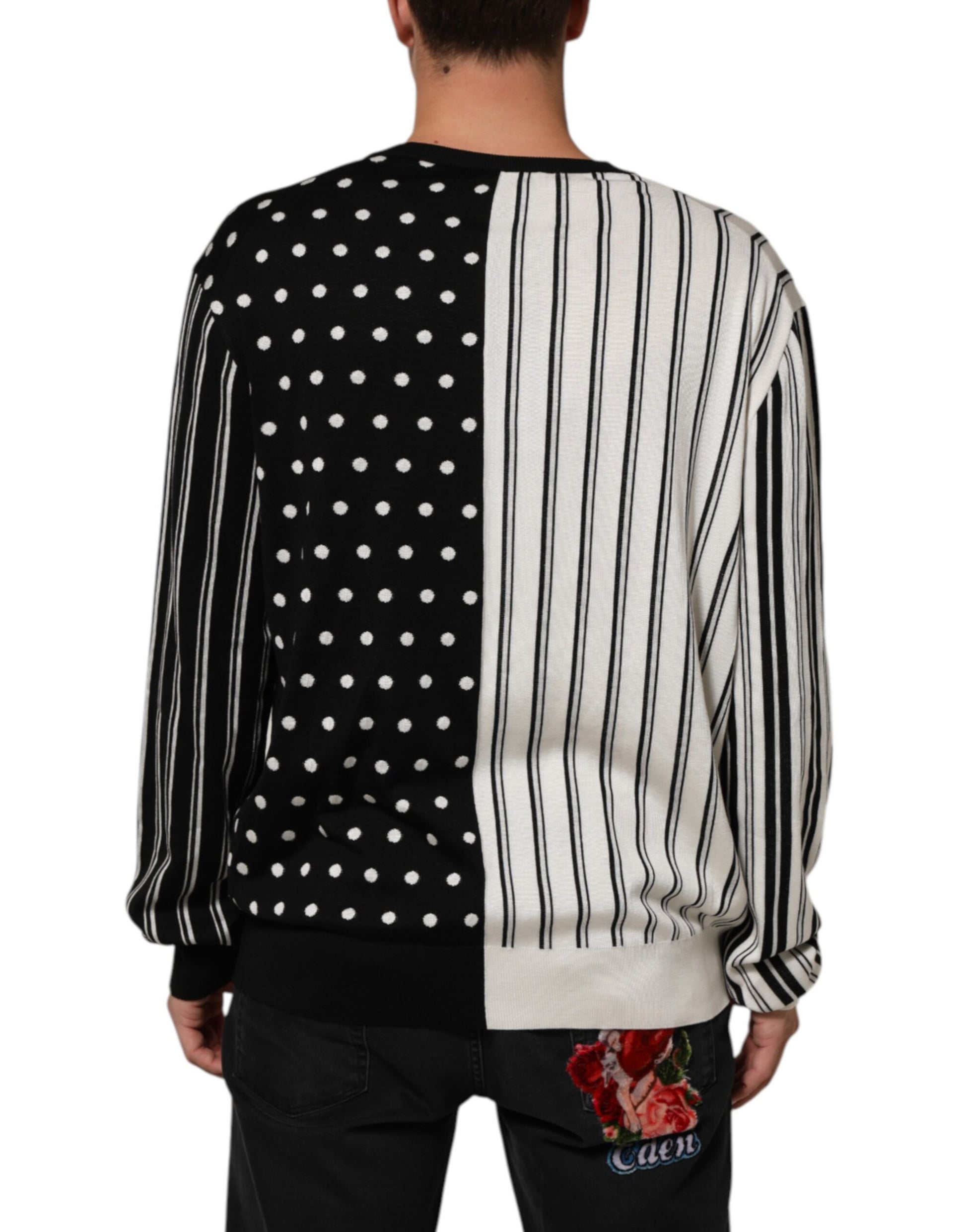 Black White Stripe Polka V-Neck Pullover Sweater