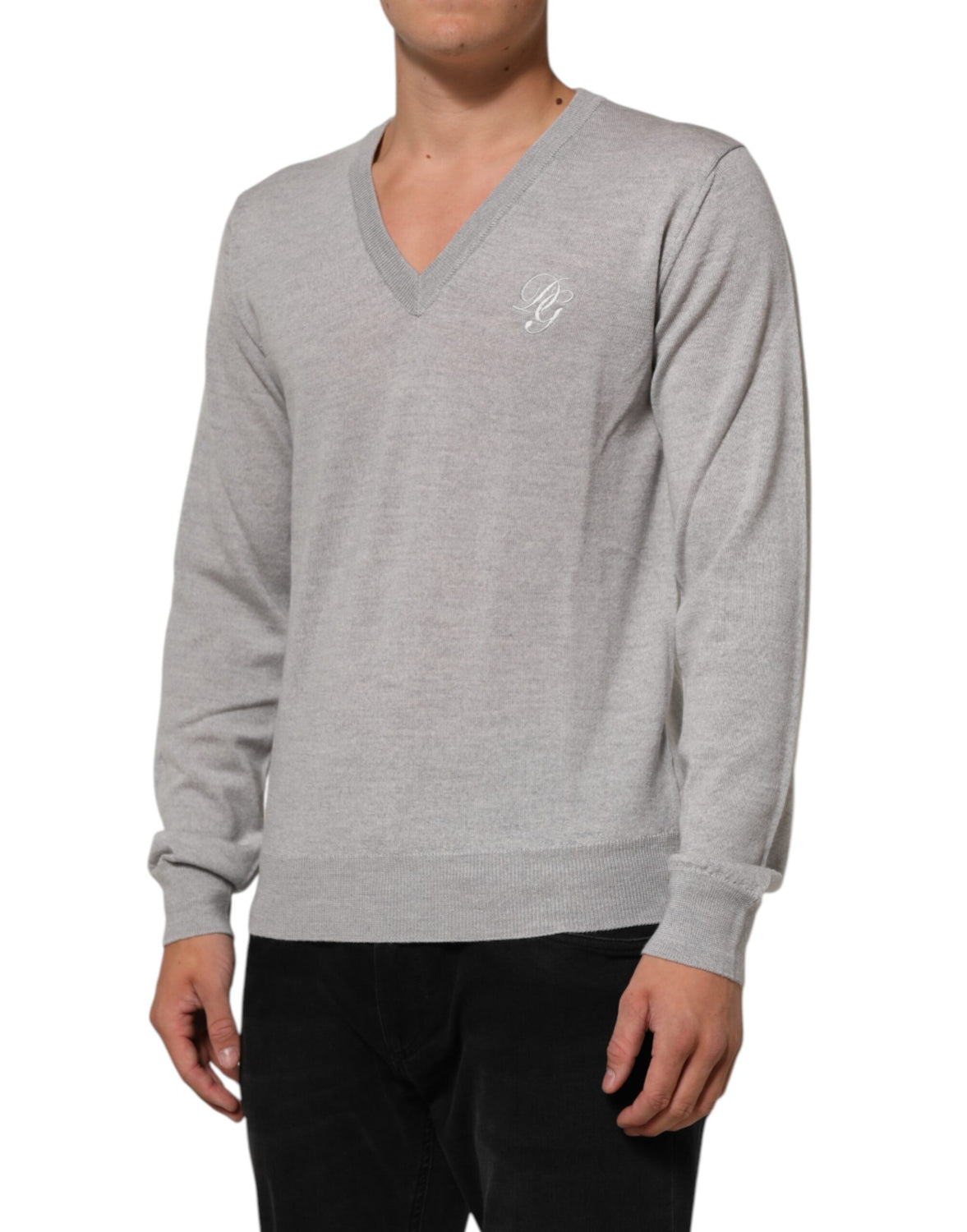 Gray Wool Knit Logo V-Neck Pullover Sweater