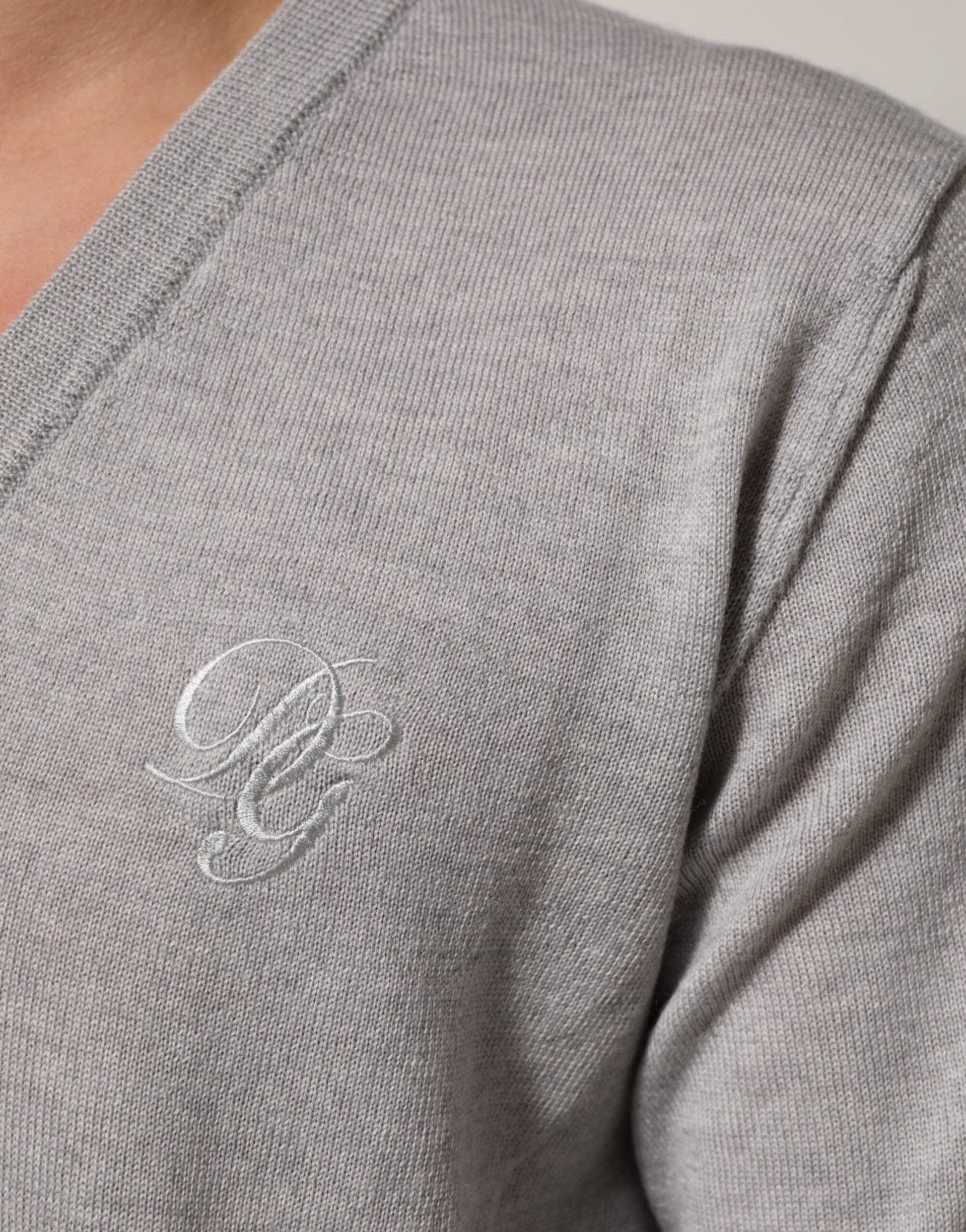 Gray Wool Knit Logo V-Neck Pullover Sweater