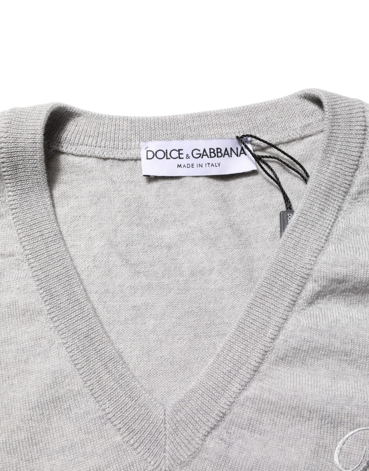Gray Wool Knit Logo V-Neck Pullover Sweater