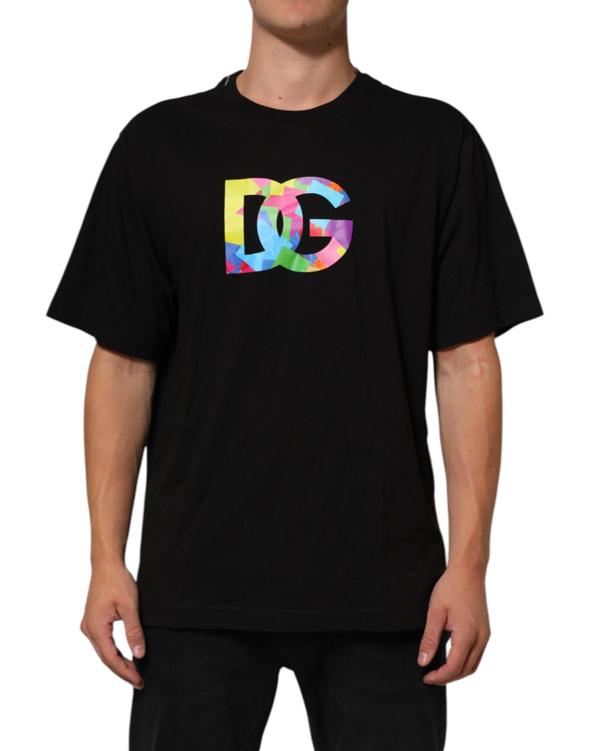 Black Logo Print Cotton Men Crew Neck T-shirt