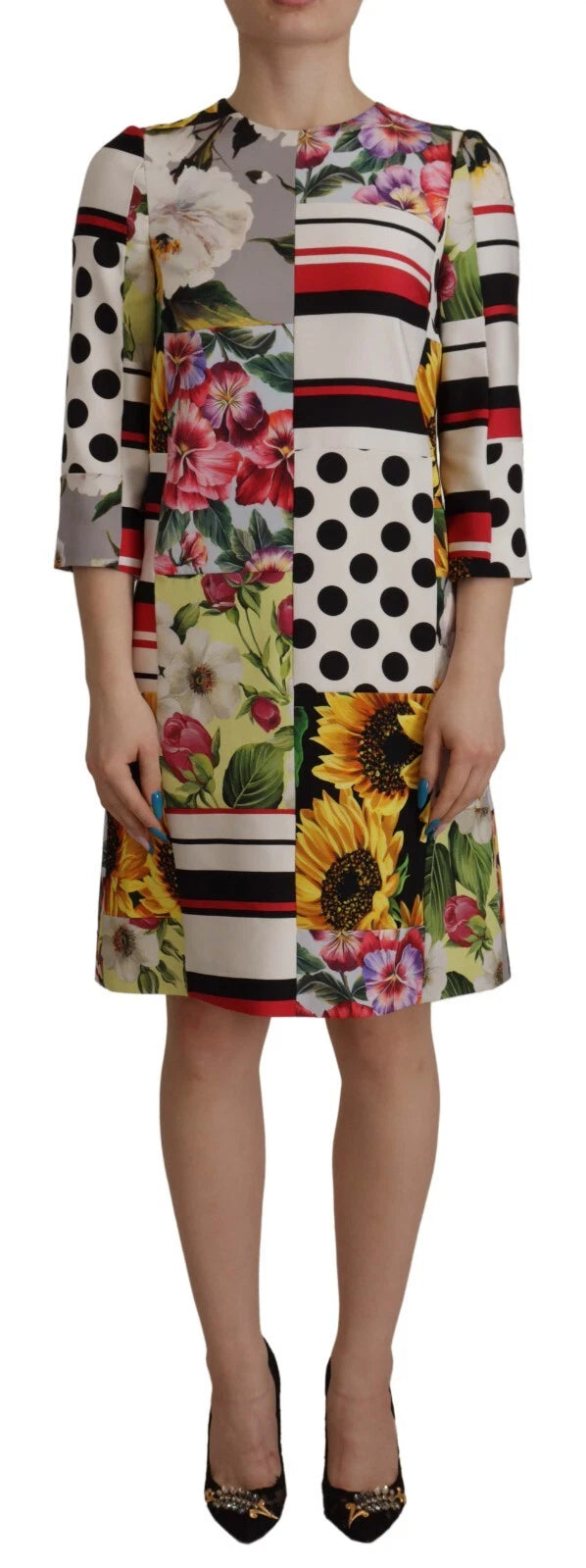 Multicolor Pachwork Charmeuse Floral Shift Dress