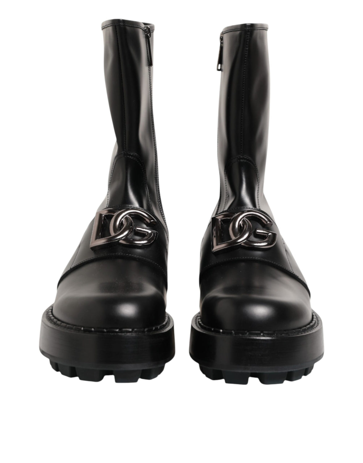 Black Logo Plaque Mid Calf Biker Boots Shoes