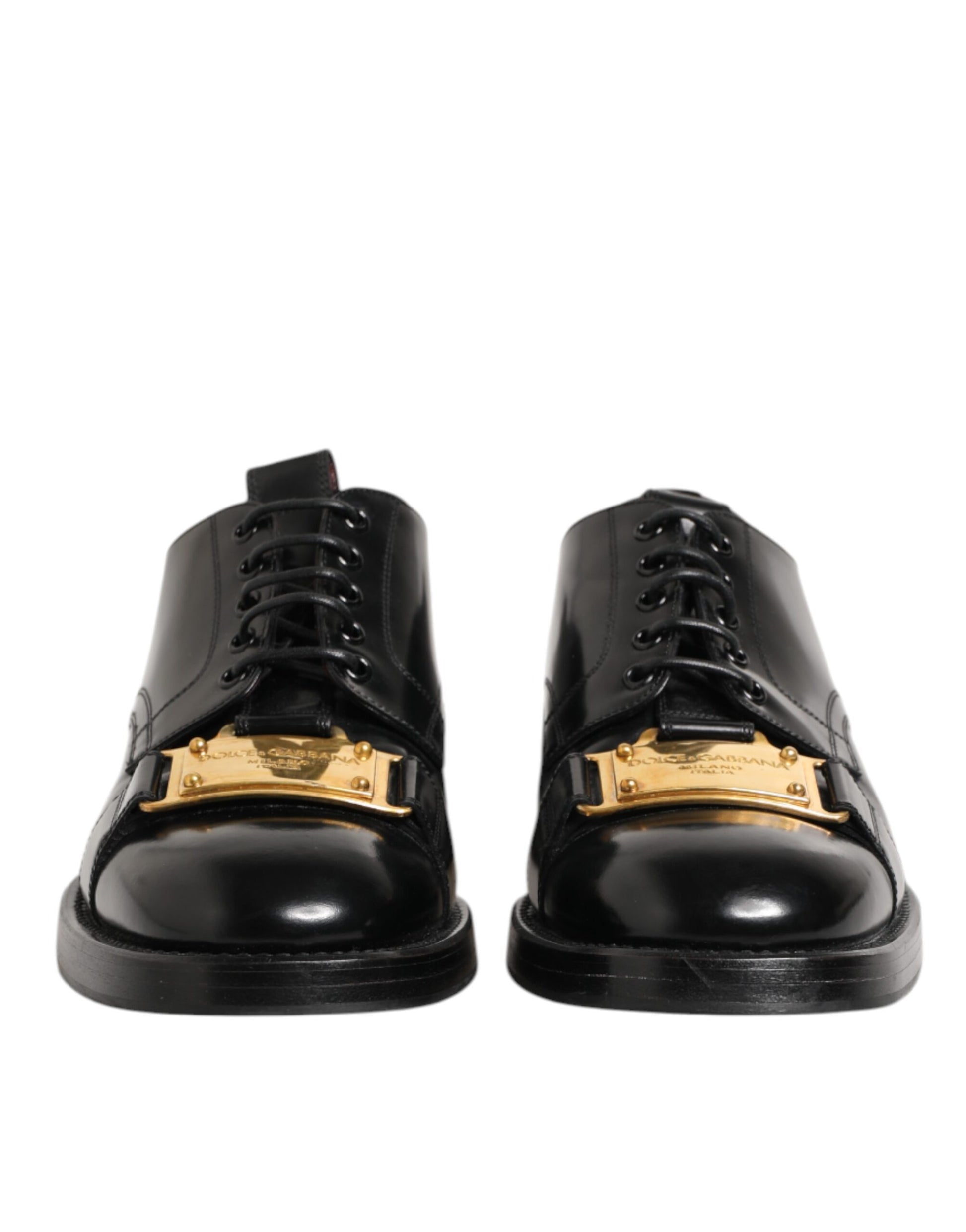 Black Leather Dress Lace Up Logo Plaque Shoes