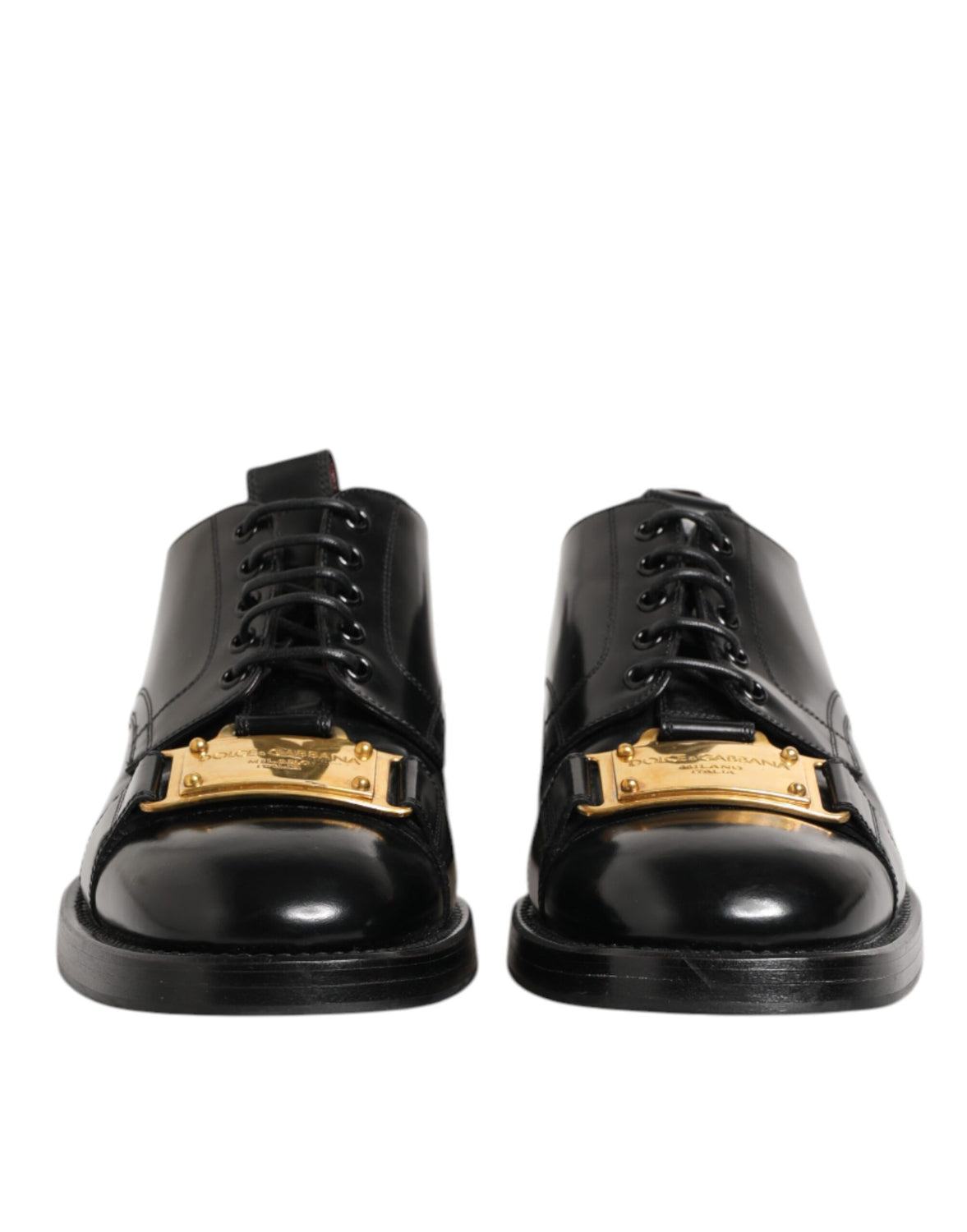 Black Leather Dress Lace Up Logo Plaque Shoes
