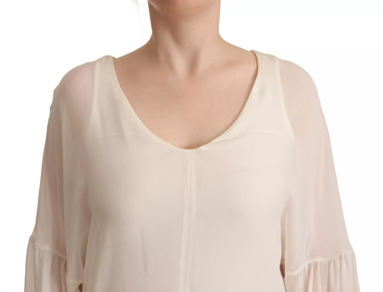 Off White Silk Long Sleeves Deep Vneck Top