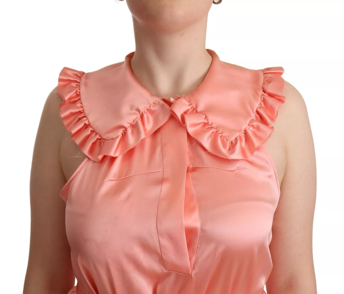 Pink Silk Stretch Sleeveless Collared Top Blouse