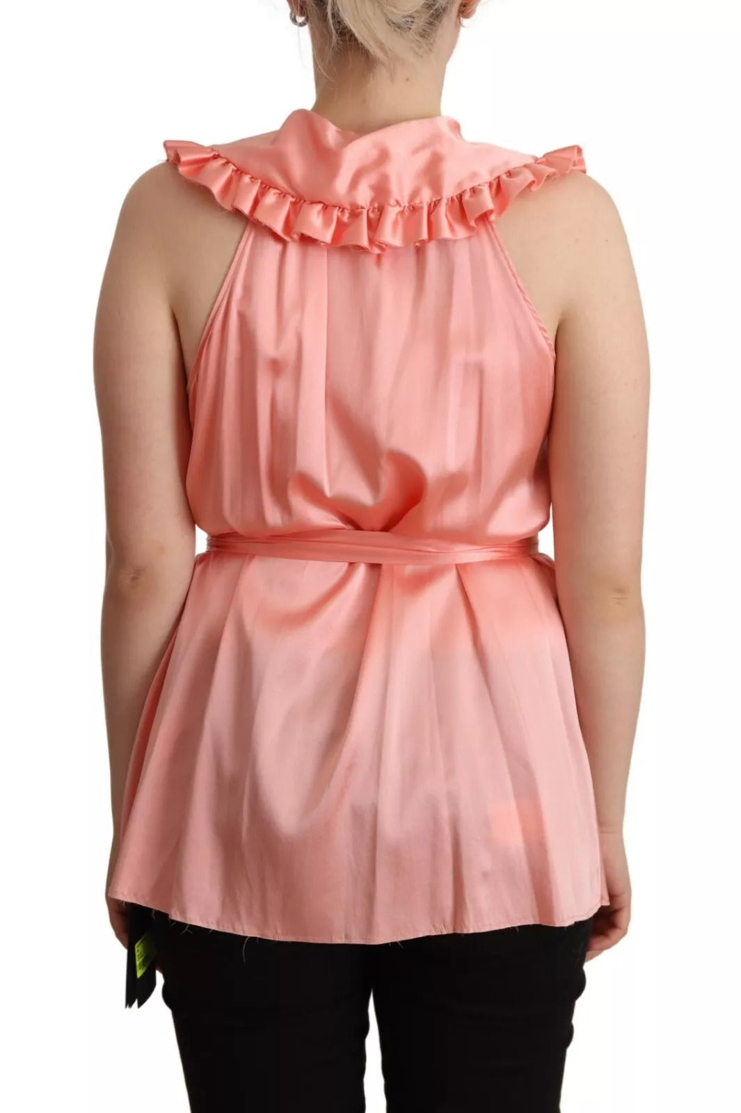 Pink Silk Stretch Sleeveless Collared Top Blouse